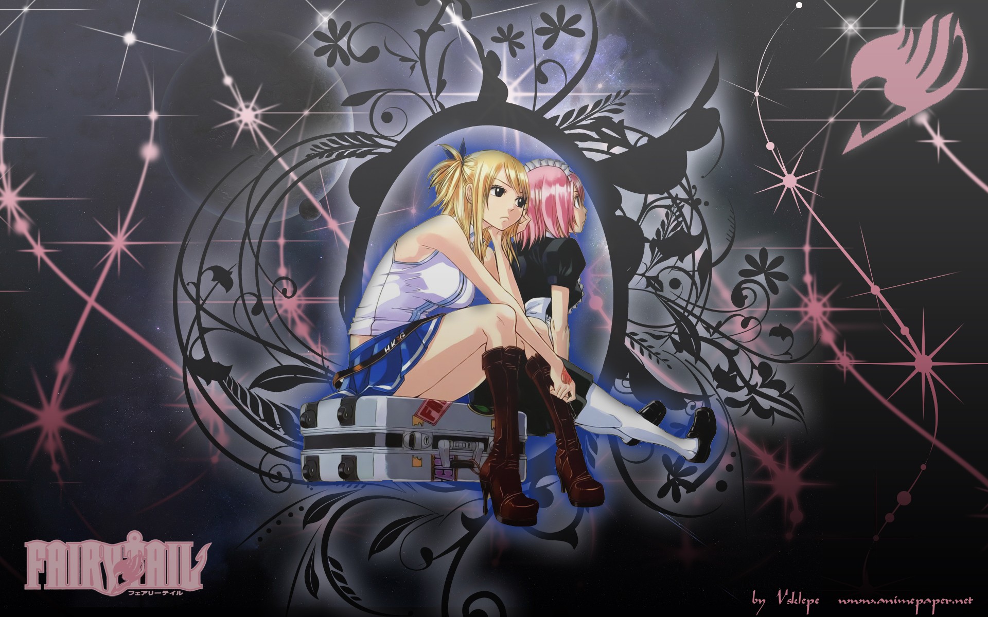 Anime 1920x1200 anime Fairy Tail Heartfilia Lucy  anime girls pink hair blonde sitting boots two women