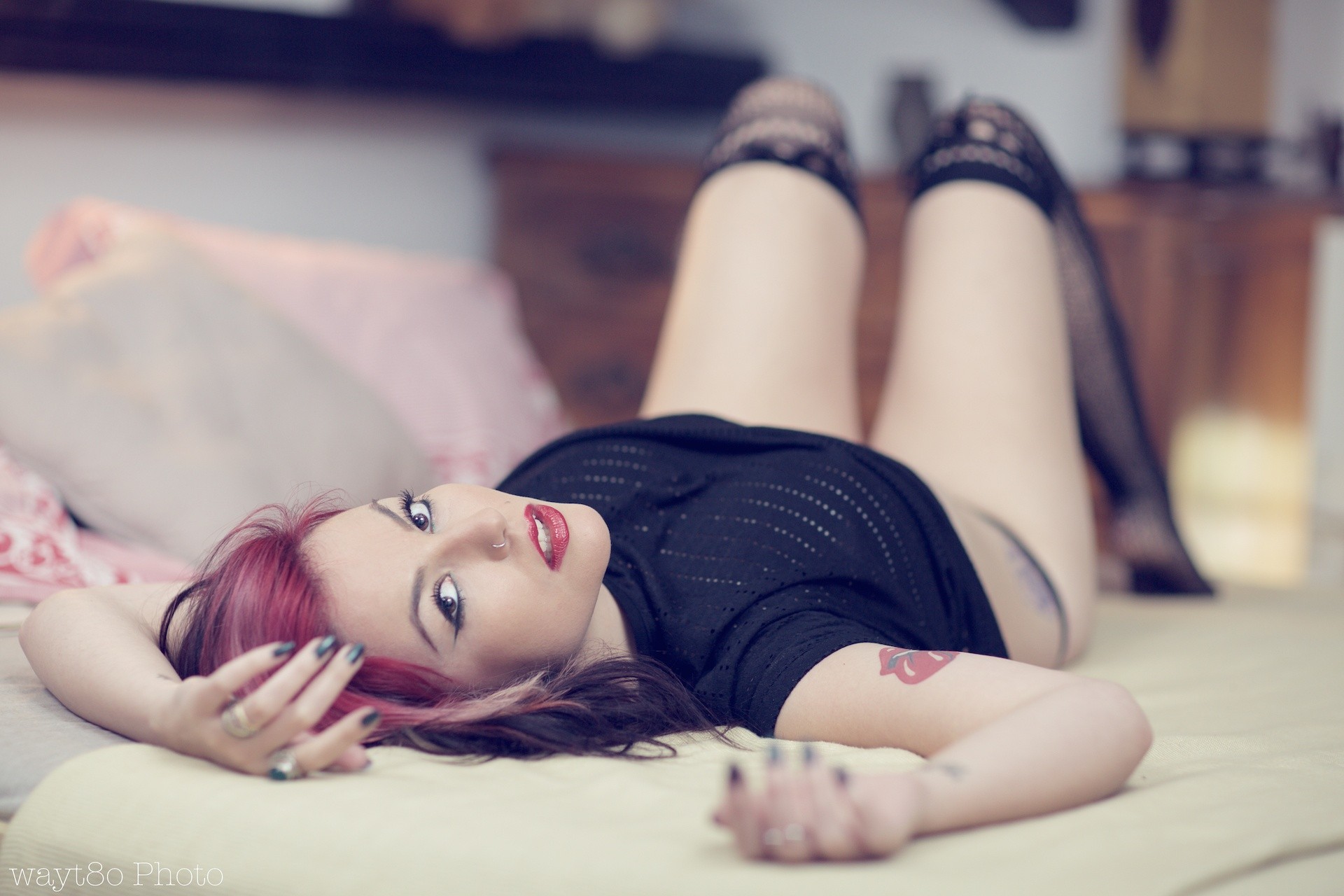 People 1920x1280 women redhead lying down legs up stockings makeup dyed hair painted nails inked girls red lipstick looking at viewer lying on back women indoors indoors