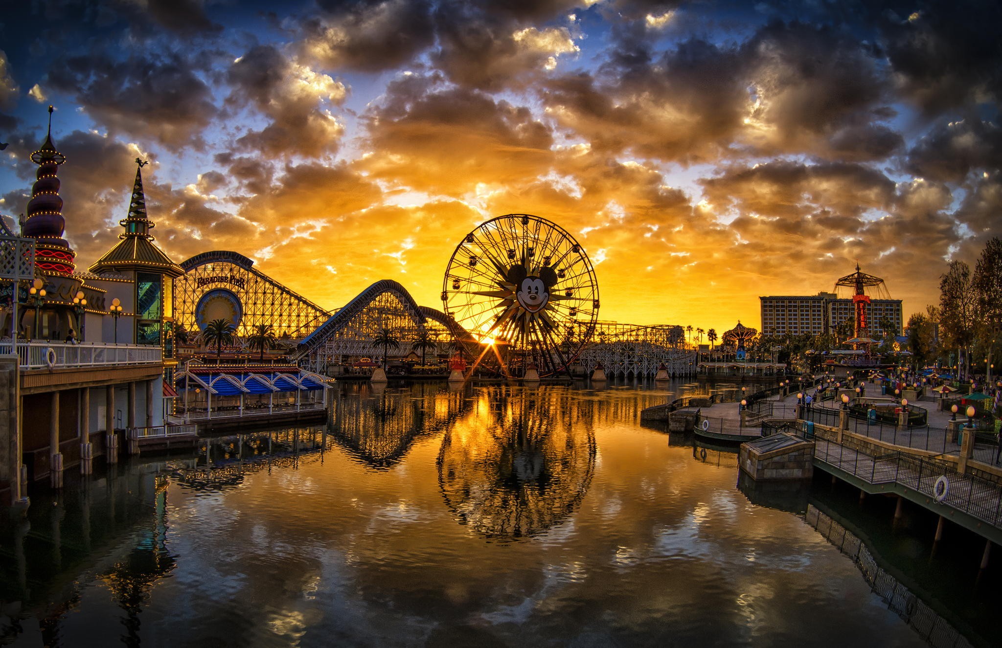 General 2048x1325 city river ferris wheel reflection pier California Disneyland sunset theme parks USA sky sunlight low light