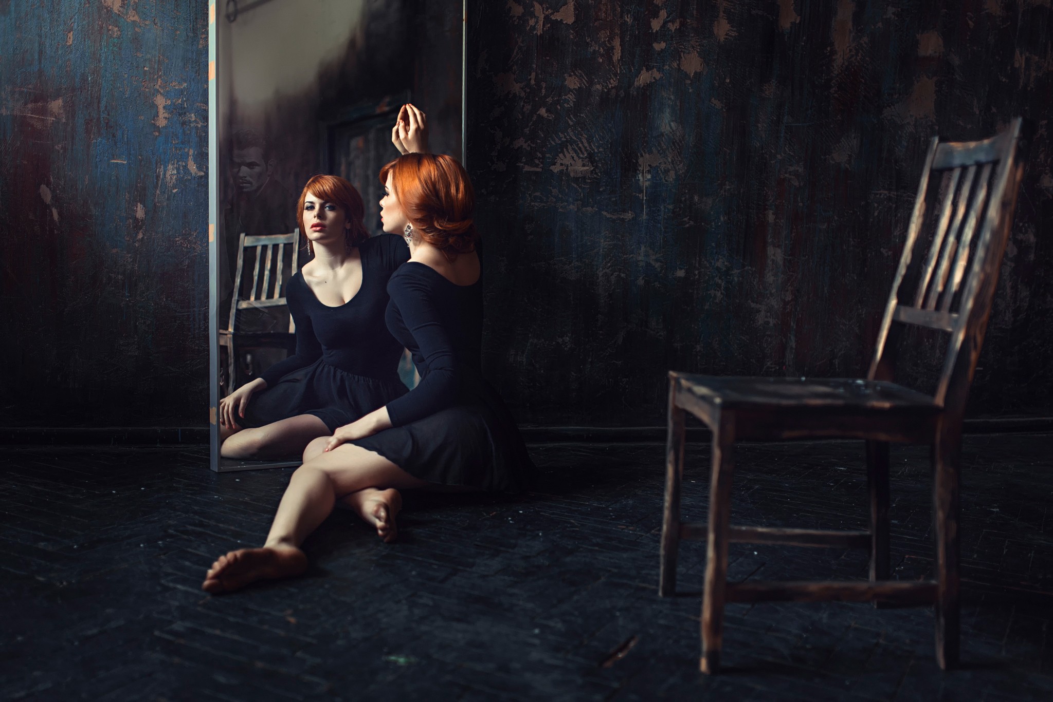 People 2048x1367 women redhead black dress sitting barefoot Georgy Chernyadyev model cleavage mirror reflection face floor women indoors indoors on the floor