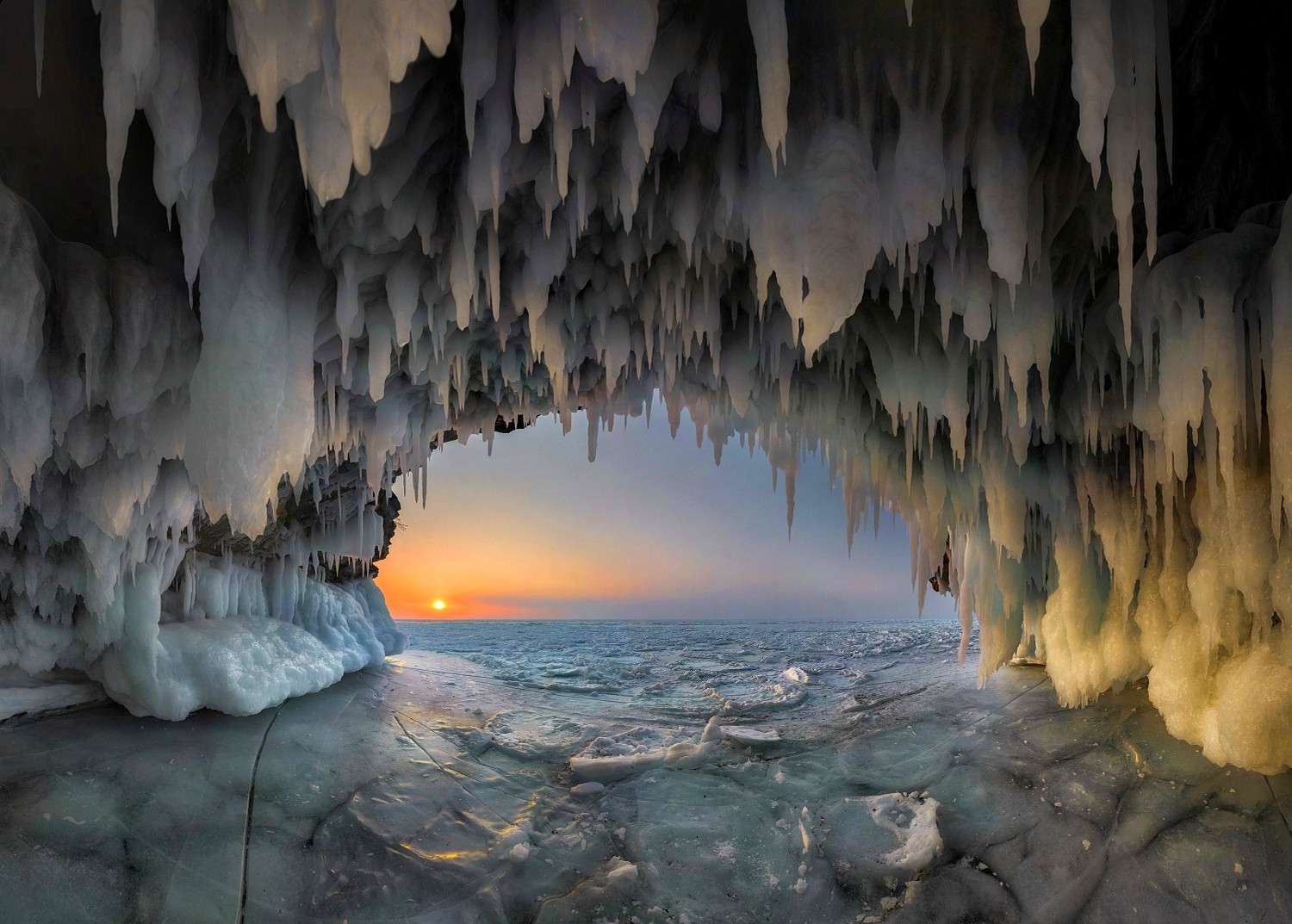 General 1500x1073 nature cave ice stalactites lake sunset cold frost winter