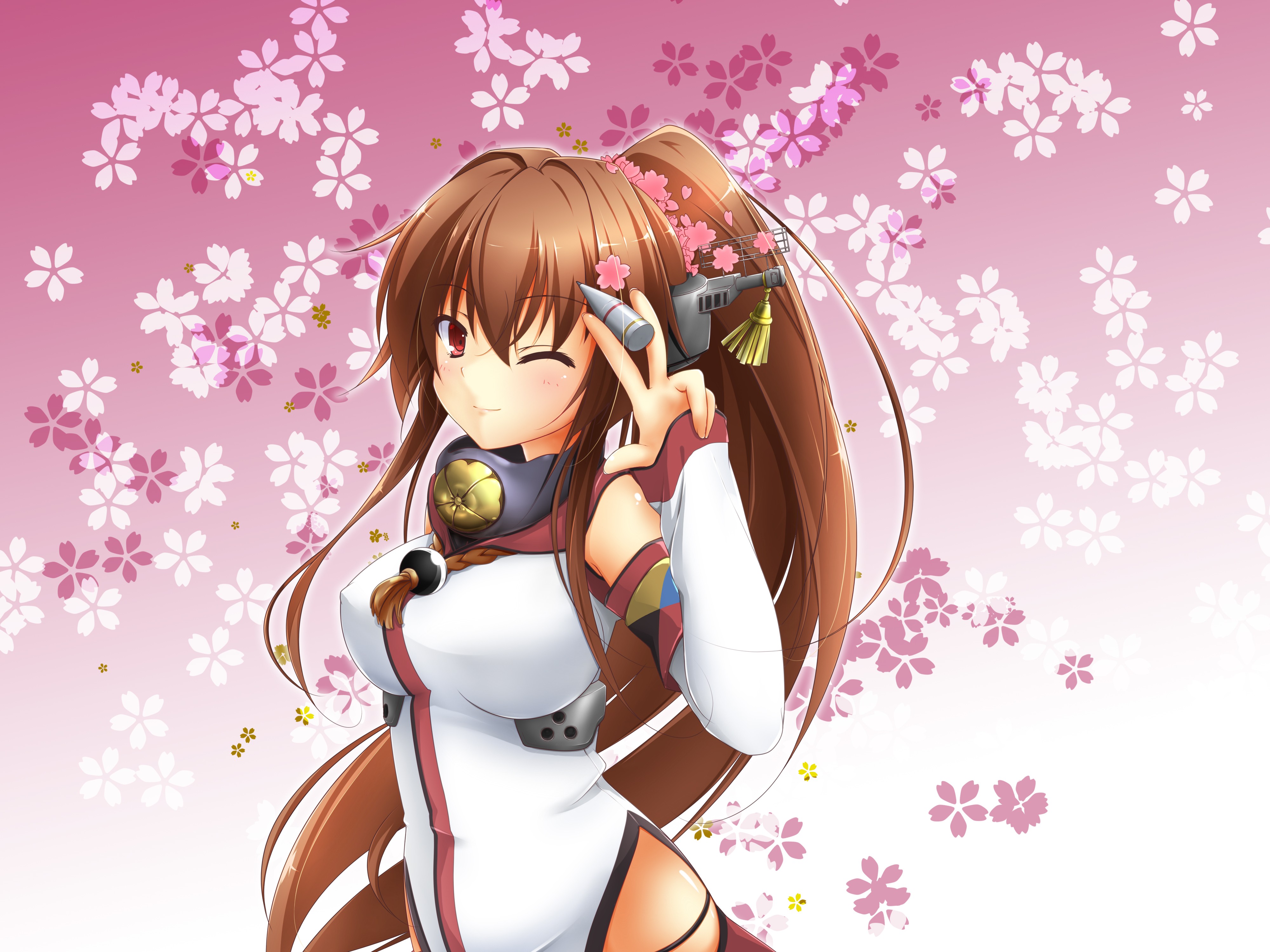 Anime 4000x3000 anime Kantai Collection anime girls Yamato (KanColle) ponytail one eye closed pink background boobs big boobs red eyes flowers flower in hair long hair brunette looking at viewer hand gesture
