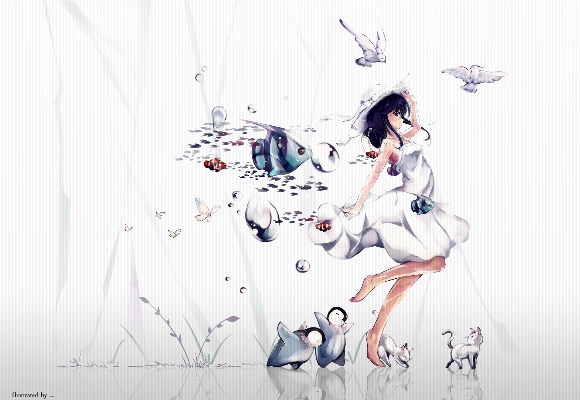 Anime 1920x1325 fantasy art animals penguins birds fish cats original characters anime girls sun dress hat barefoot anime women women with hats simple background white background butterfly