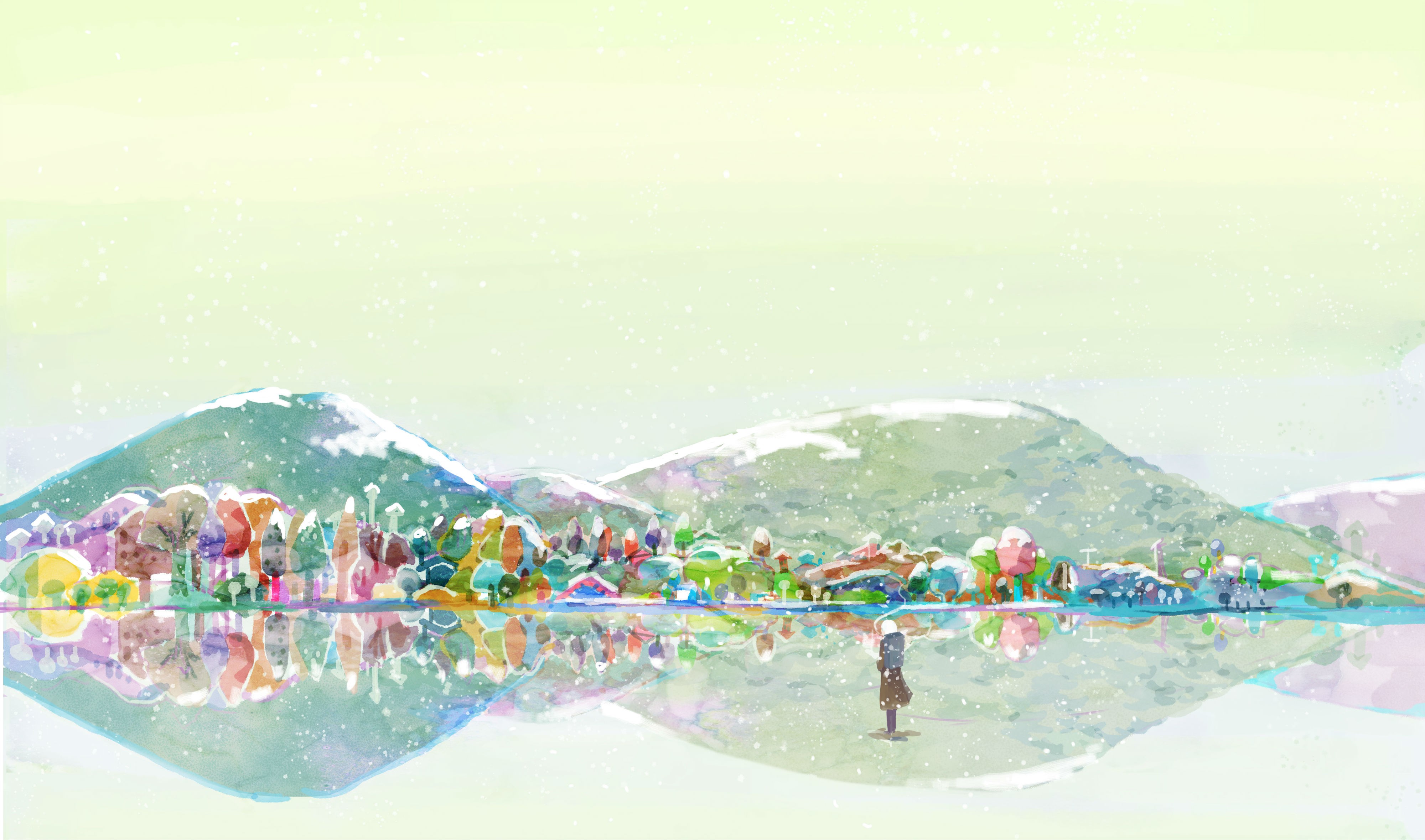 Anime 4000x2359 colorful mountains watercolor Mushishi digital art painting nature snow snowy peak trees winter water reflection house artwork
