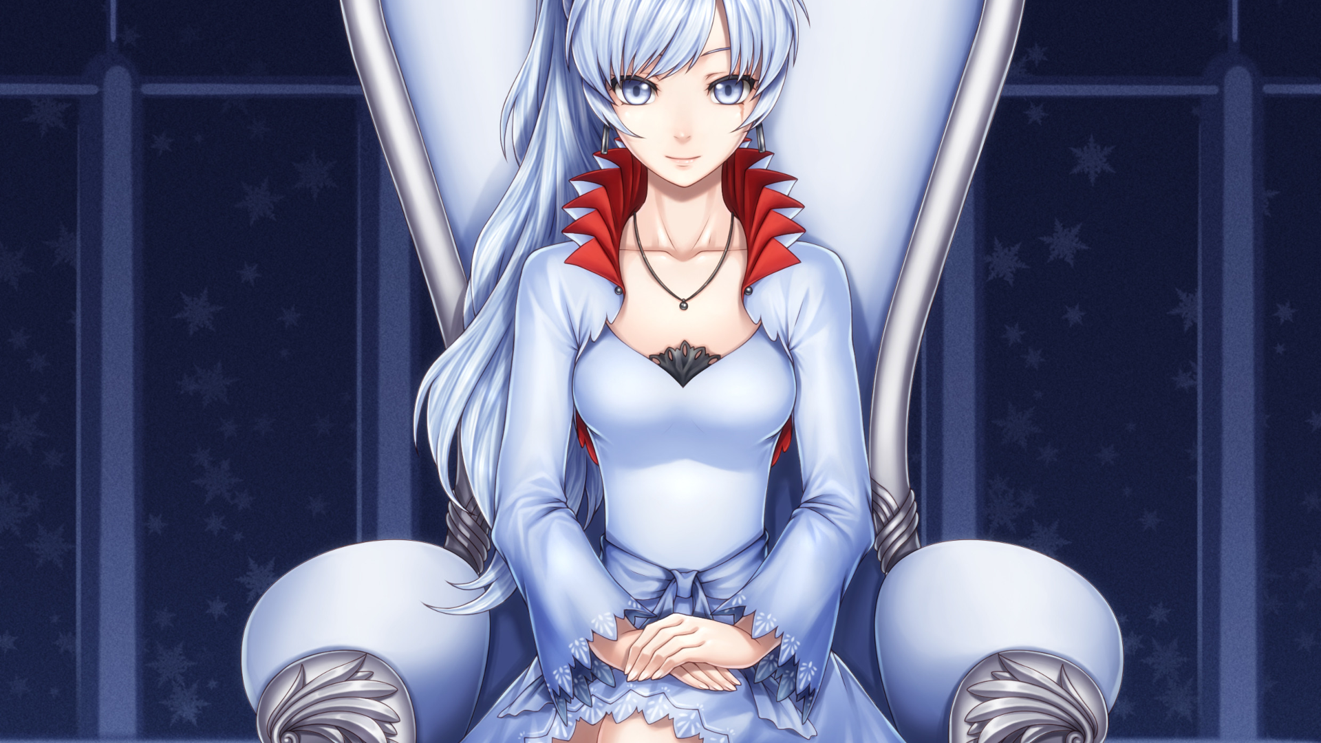 Anime 1920x1080 anime RWBY Weiss Schnee anime girls necklace sitting chair looking at viewer dress long hair