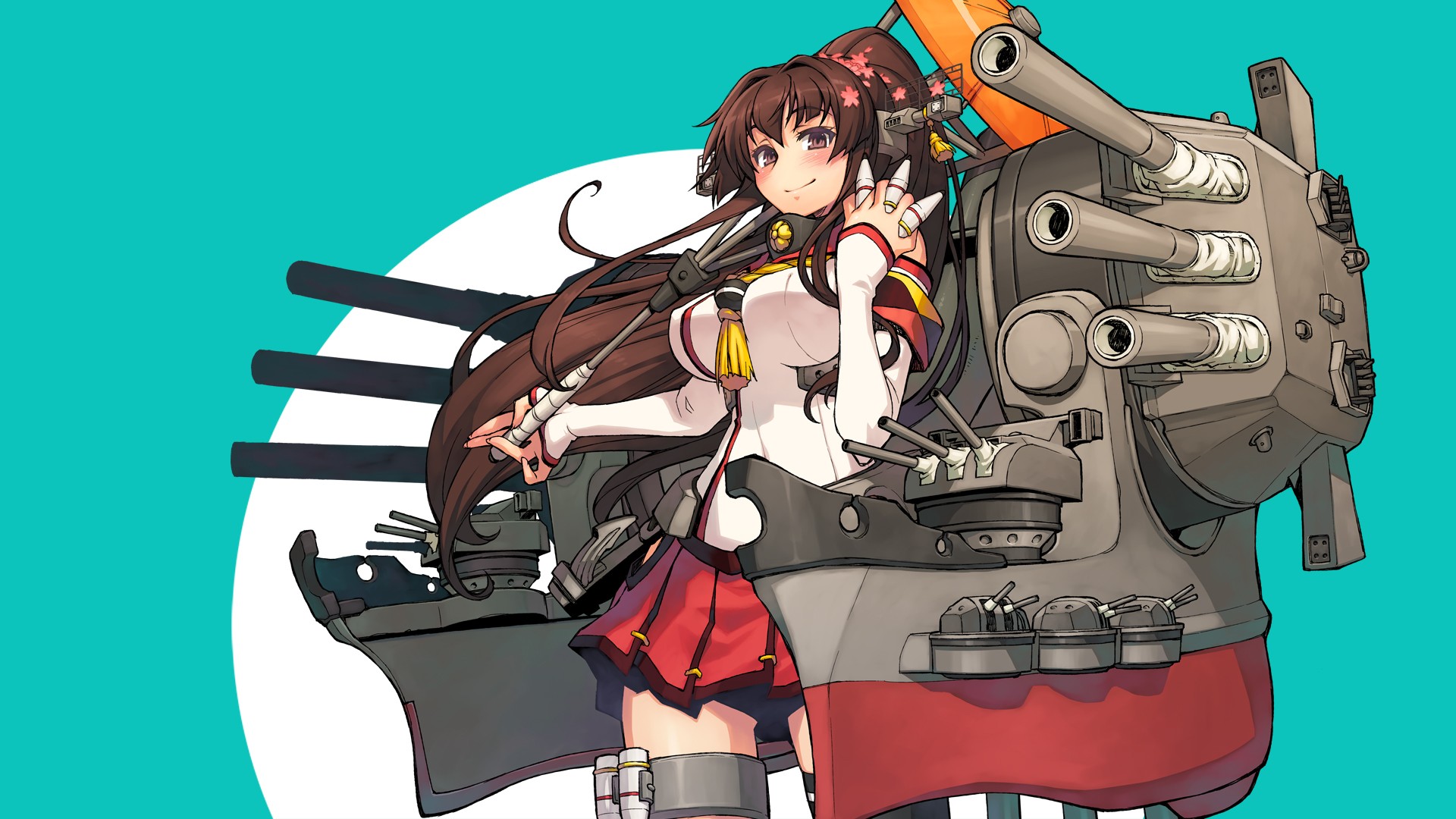 Anime 1920x1080 anime Kantai Collection Yamato (KanColle) anime girls cyan cyan background boobs big boobs brunette smiling long hair simple background