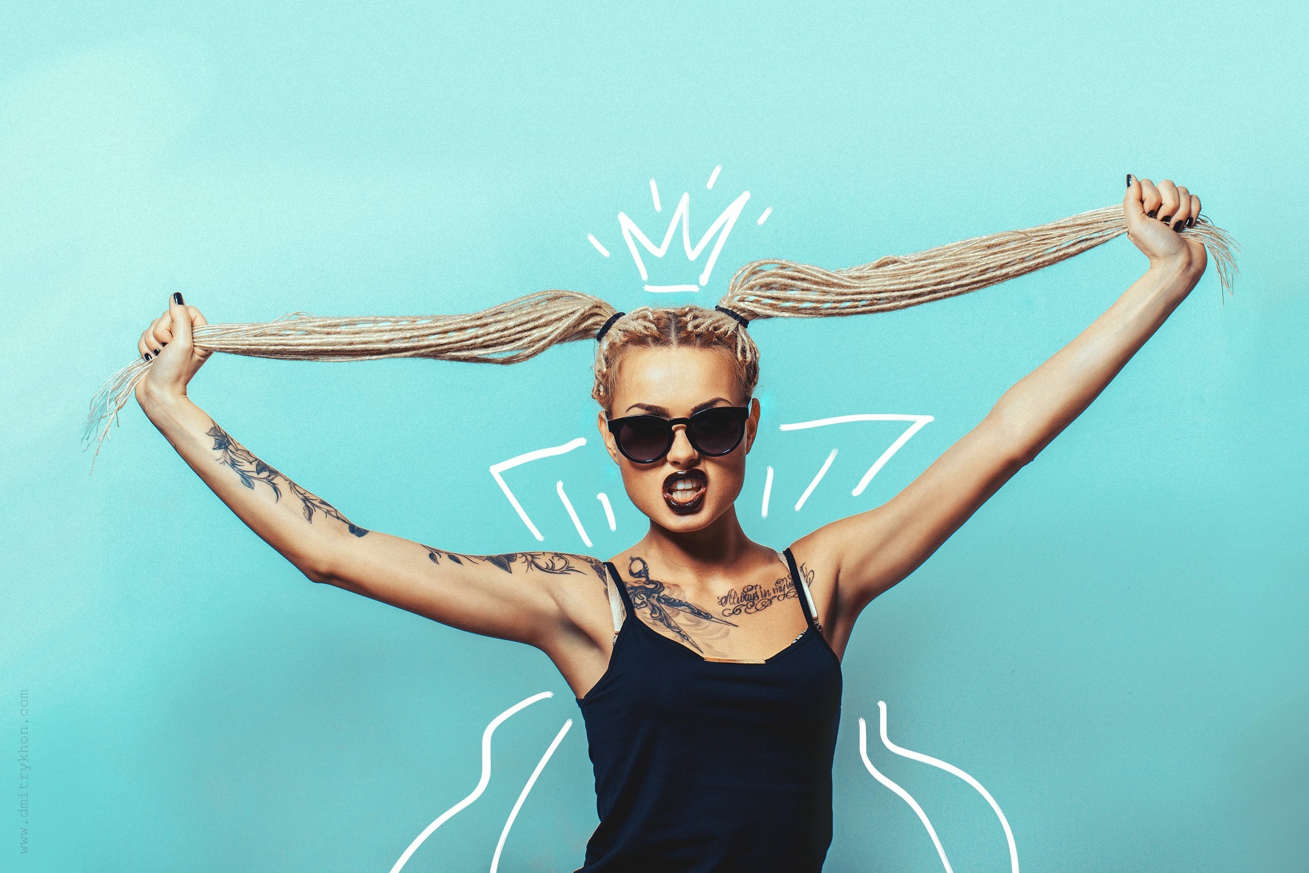 People 2560x1708 women glasses model tattoo turquoise cyan women with shades cyan background gradient inked girls lipstick black lipstick hair pulling women indoors standing sunglasses makeup simple background