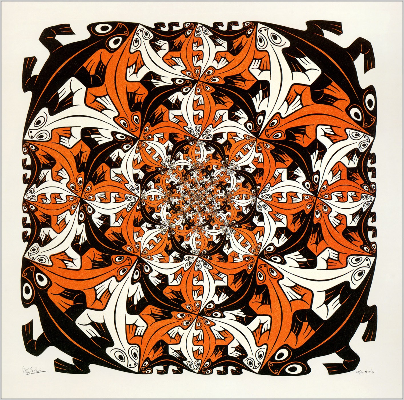 General 1414x1400 artwork drawing M. C. Escher symmetry optical illusion animals lizards