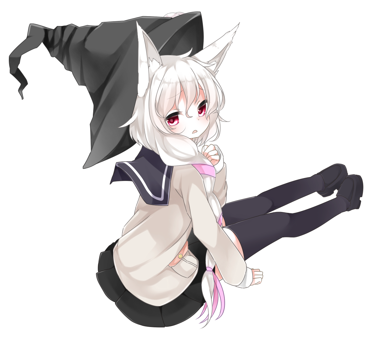 Anime 1250x1150 cat girl red eyes anime girls Midori Fuse Black Bullet anime sitting legs animal ears looking at viewer witch hat simple background white background