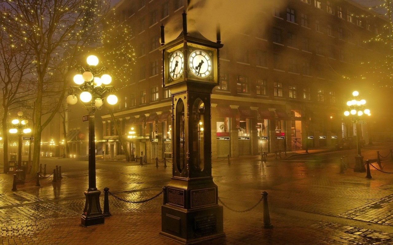 General 1280x800 photography clocks street light mist street cityscape urban city