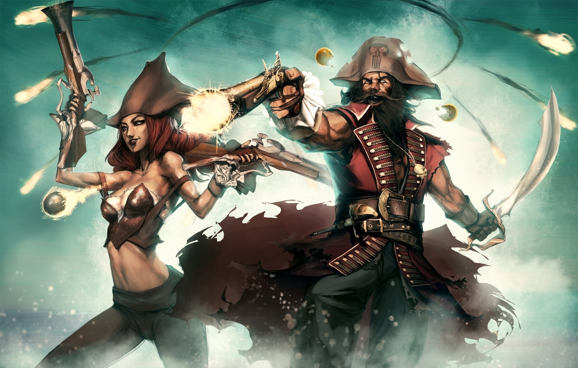 General 1980x1261 fantasy art League of Legends pirates Miss Fortune (League of Legends) video games video game girls video game men video game art girls with guns hat women with hats redhead gun weapon fantasy men fantasy girl dual wield Gangplank (League of Legends) boobs belly