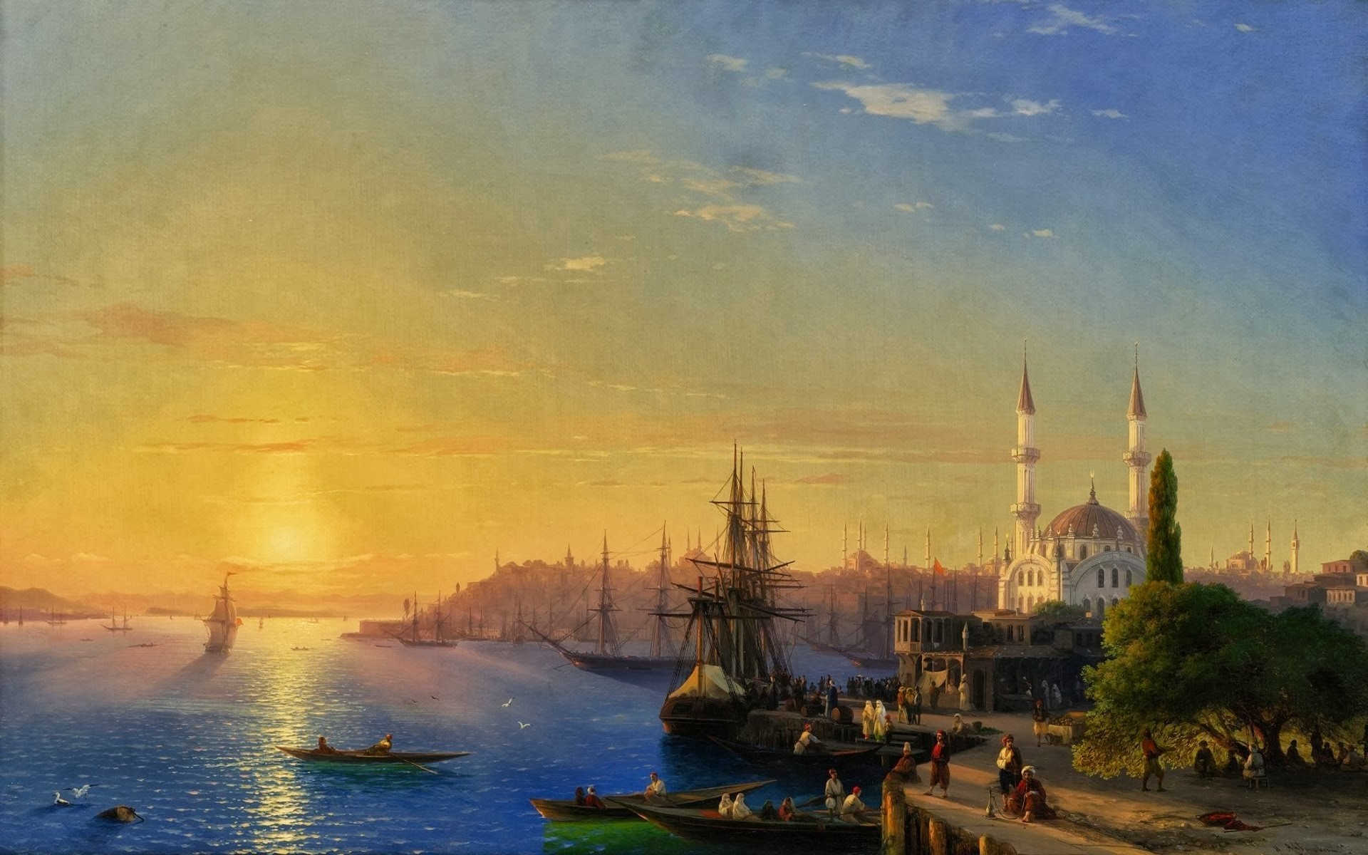 General 1920x1200 painting boat coast Ivan Aivazovsky classic art sunset