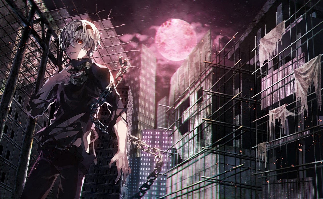Anime 1300x802 anime Tokyo Ghoul anime boys Moon city chains red eyes standing