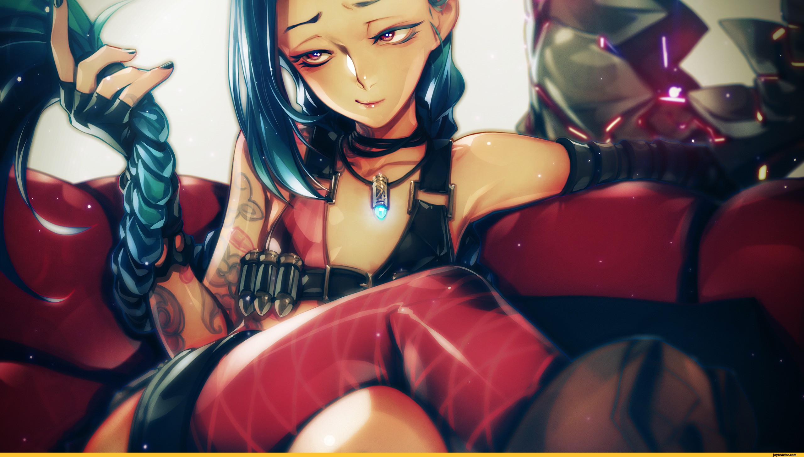 General 2560x1454 League of Legends Jinx (League of Legends) video games DeviantArt video game art PC gaming video game girls dark hair painted nails black nails necklace legs crossed red eyes women video game characters