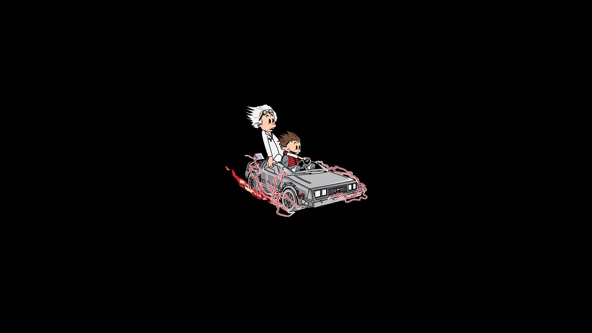 General 1920x1080 Back to the Future Calvin and Hobbes minimalism humor simple background Time Machine crossover cartoon car vehicle DeLorean silver cars movies artwork