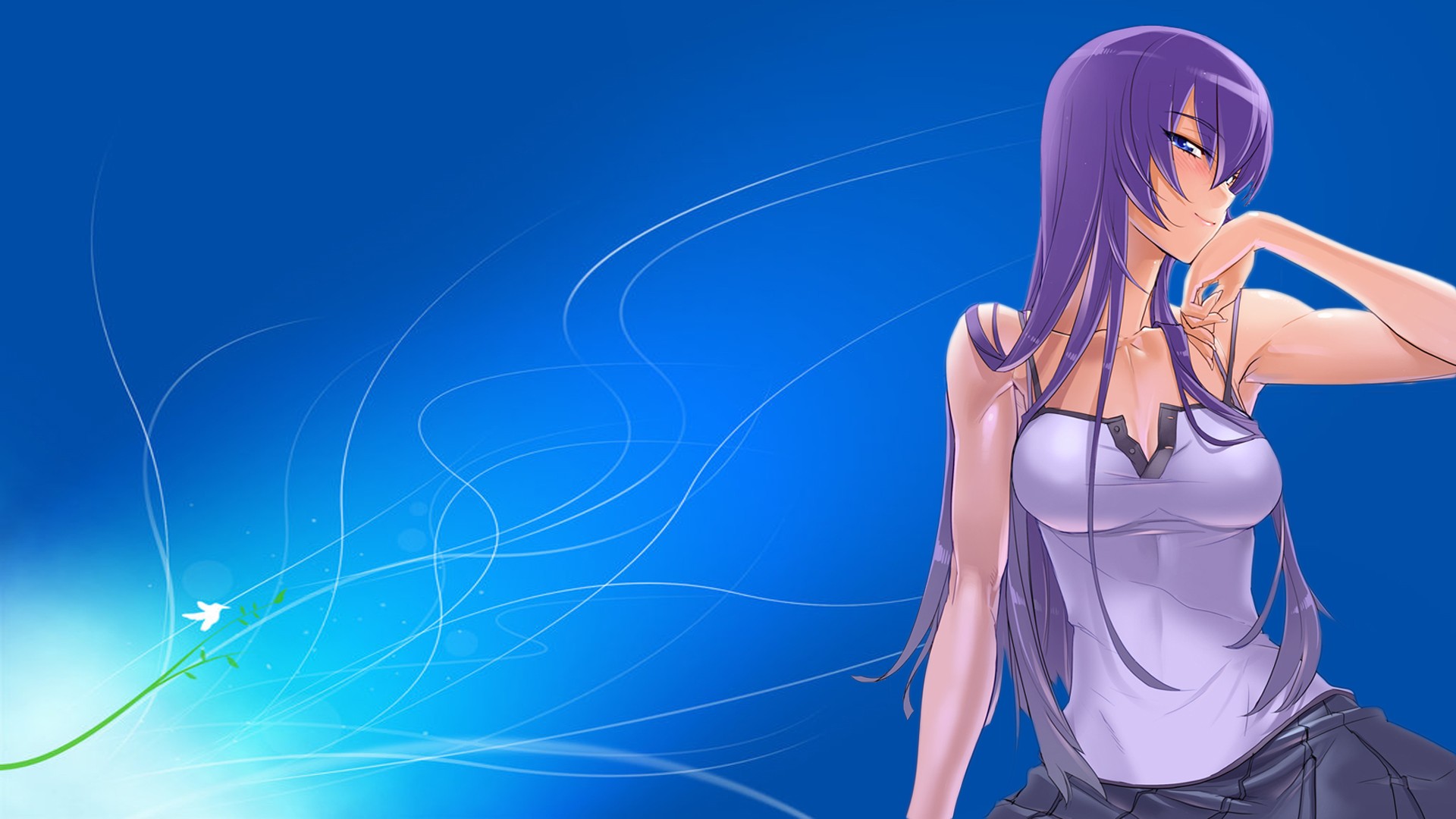 Anime 1920x1080 Busujima Saeko Highschool of the Dead anime anime girls cleavage purple hair blue background smiling boobs long hair looking at viewer simple background blue eyes