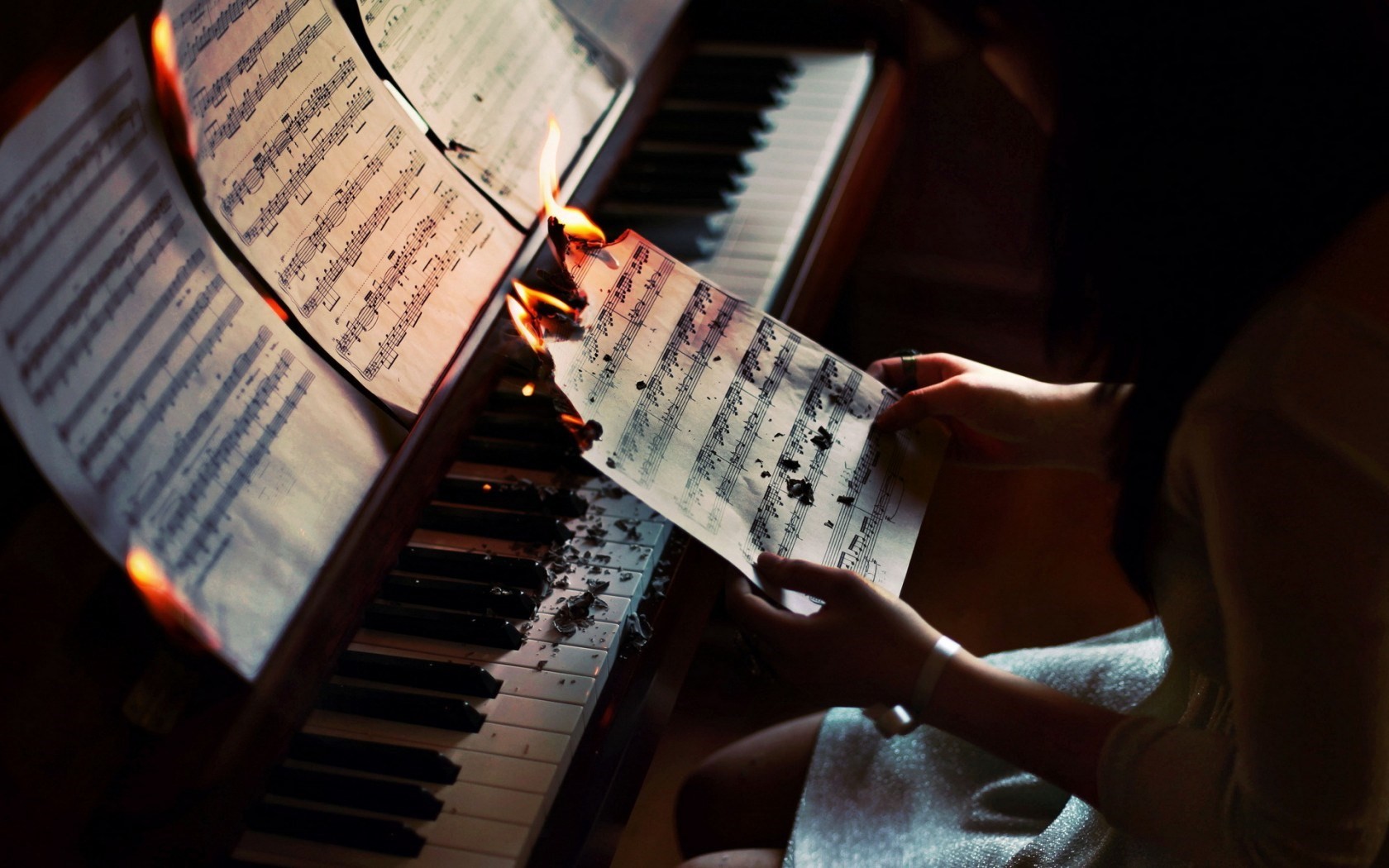 People 1680x1050 piano musical notes burning fire music women musical instrument