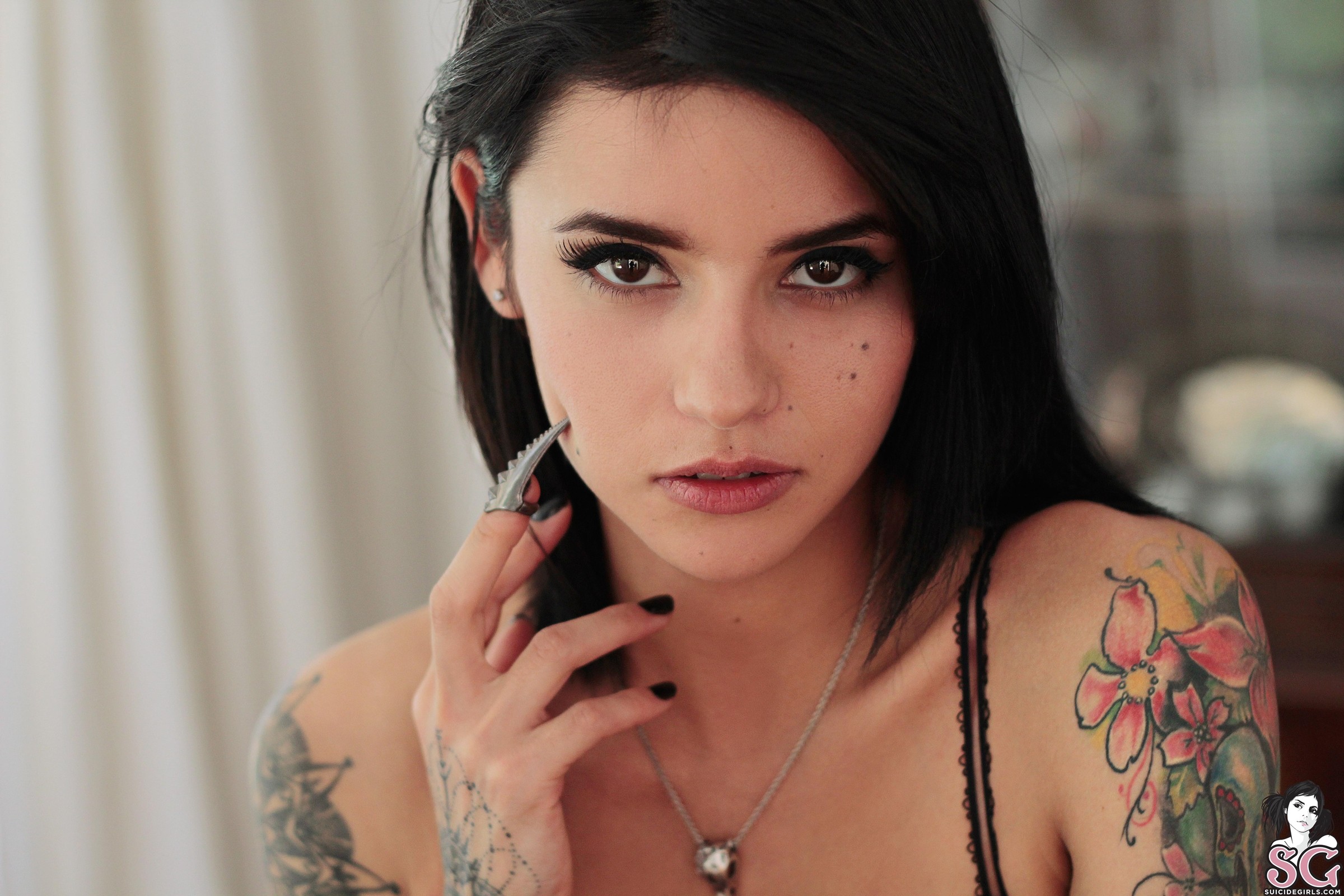 People 2400x1600 Ness Suicide Suicide Girls black hair women face brunette looking at viewer inked girls women indoors black nails painted nails necklace model