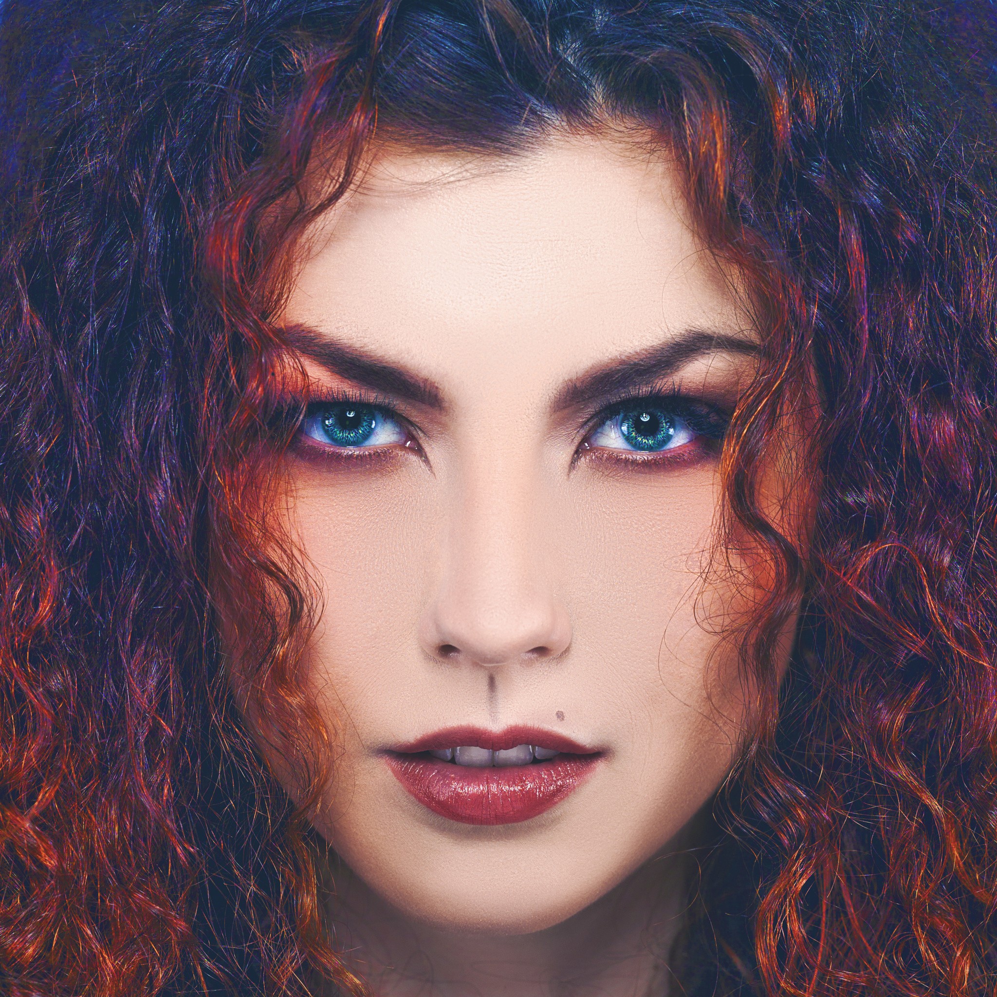 People 2048x2048 women closeup face redhead green eyes red lipstick looking at viewer makeup parted lips dyed hair