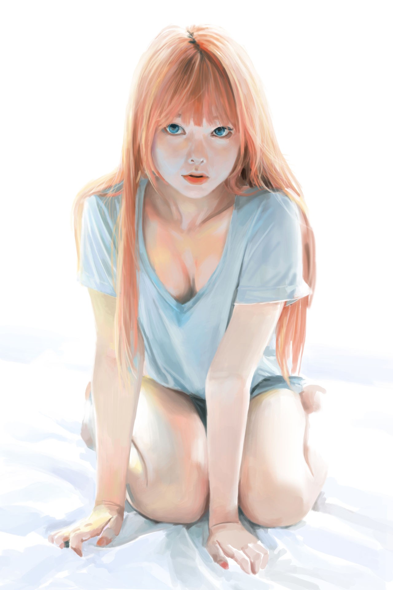 General 1280x1920 anime redhead kneeling blue eyes simple background long hair women artwork white background