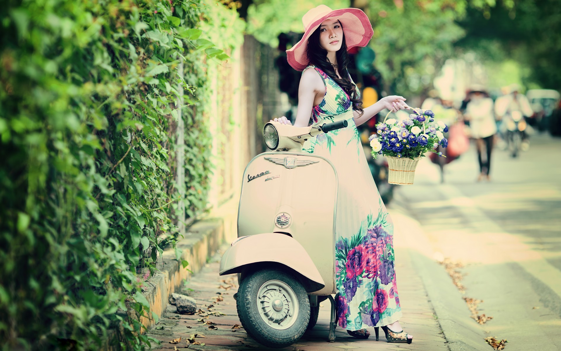 People 1920x1200 vehicle Asian women model millinery brunette long hair wavy hair Vespa women with scooters scooters hat women with hats flowers plants looking at viewer street