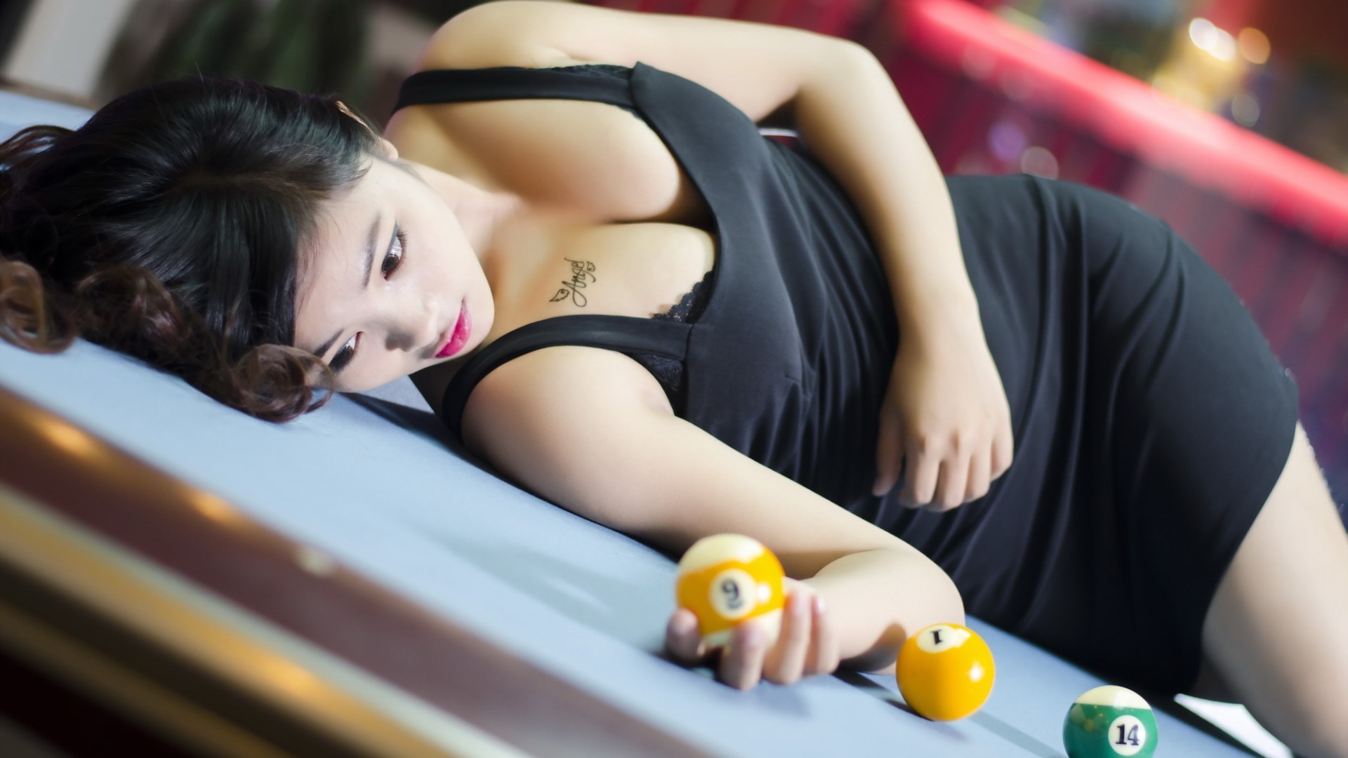 People 1920x1080 women cleavage Asian pool table boobs dark hair billiard balls women indoors indoors model numbers lying down