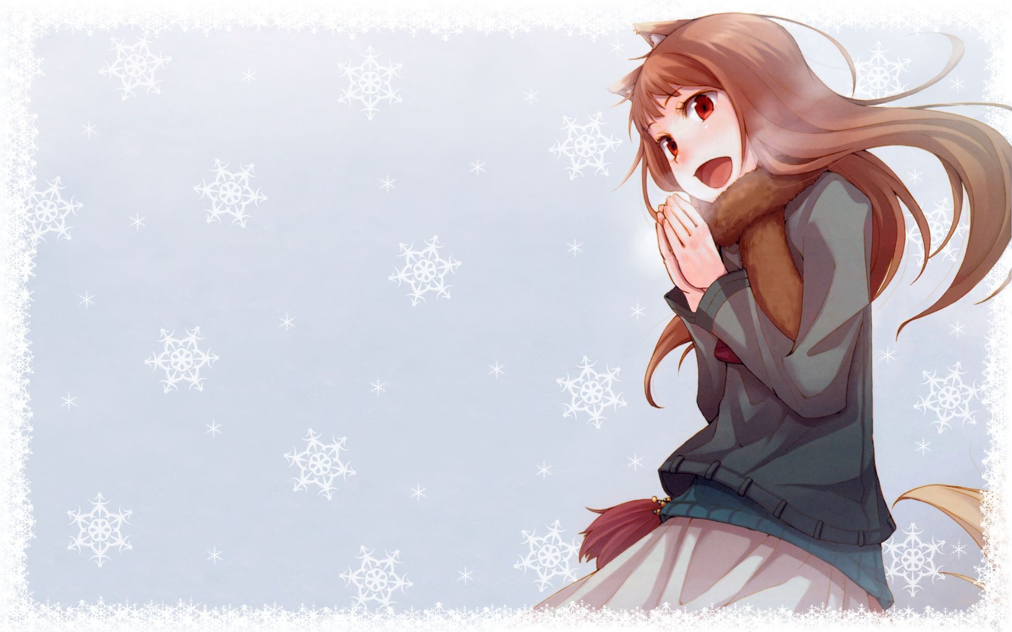 Anime 2000x1250 anime winter Holo (Spice and Wolf) Spice and Wolf wolf girls open mouth snowflakes red eyes anime girls brunette long hair