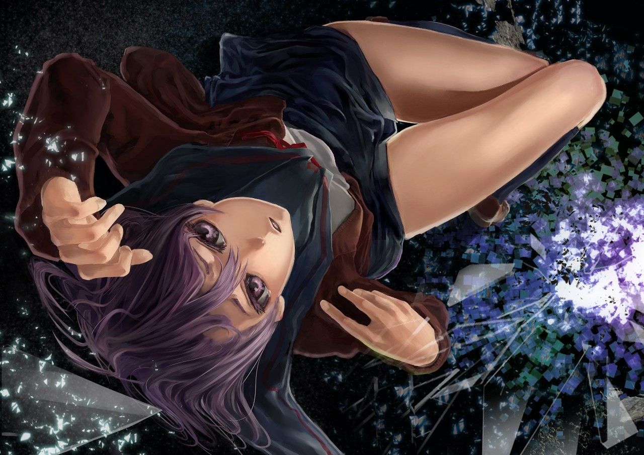 Anime 1280x905 anime girls manga legs together purple hair anime lying on back knees together looking at viewer