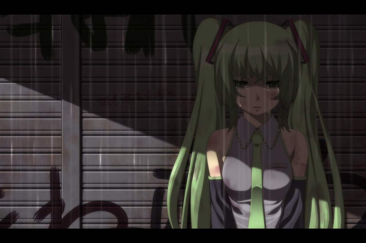 Anime 1280x853 Hatsune Miku anime anime girls rain face sad tie long hair green hair