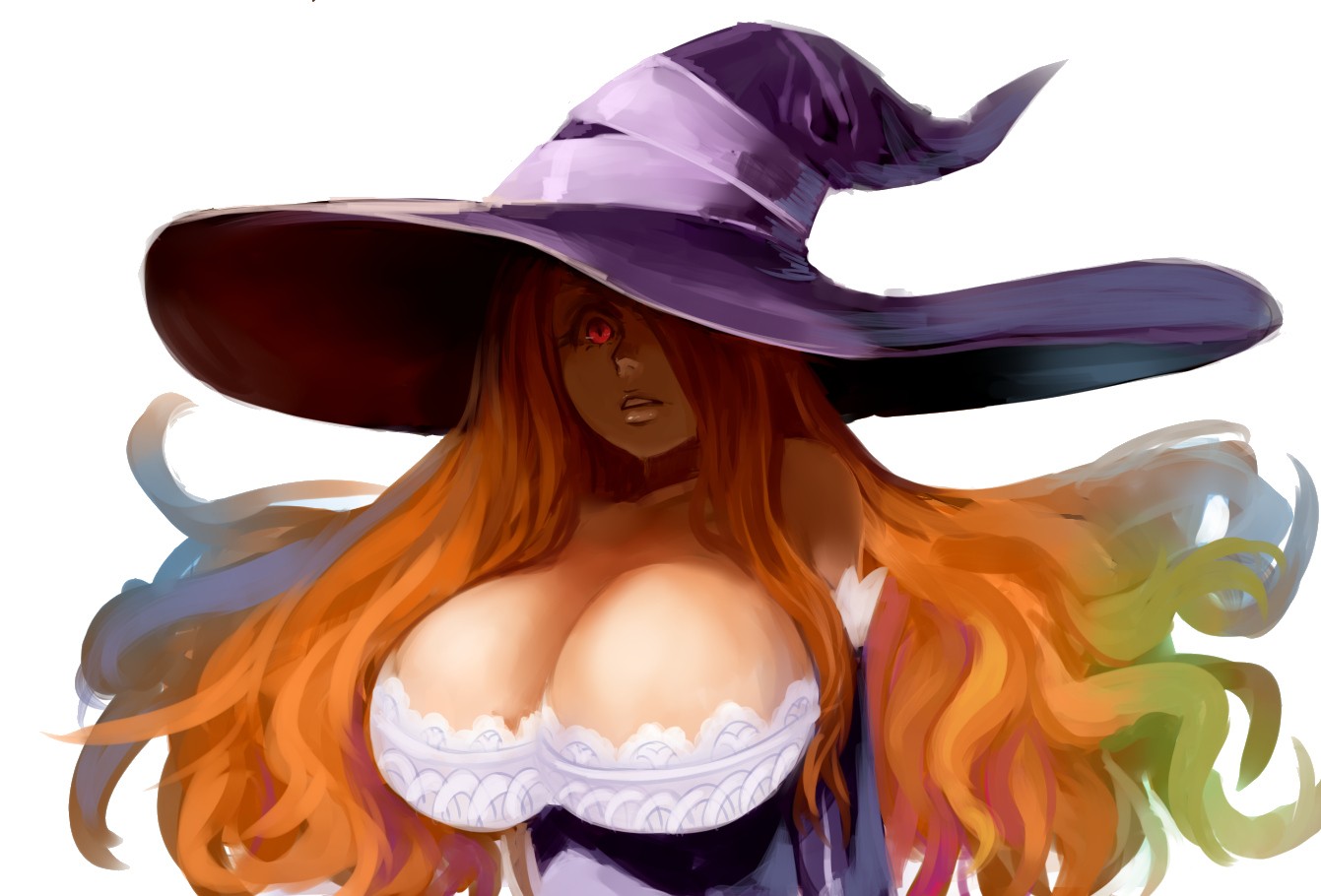 General 1341x910 Dragon's Crown witch anime Sorceress (Dragon's Crown) big boobs boobs huge breasts witch hat hair in face redhead curvy long hair simple background women fantasy art fantasy girl red eyes white background video games video game art video game girls