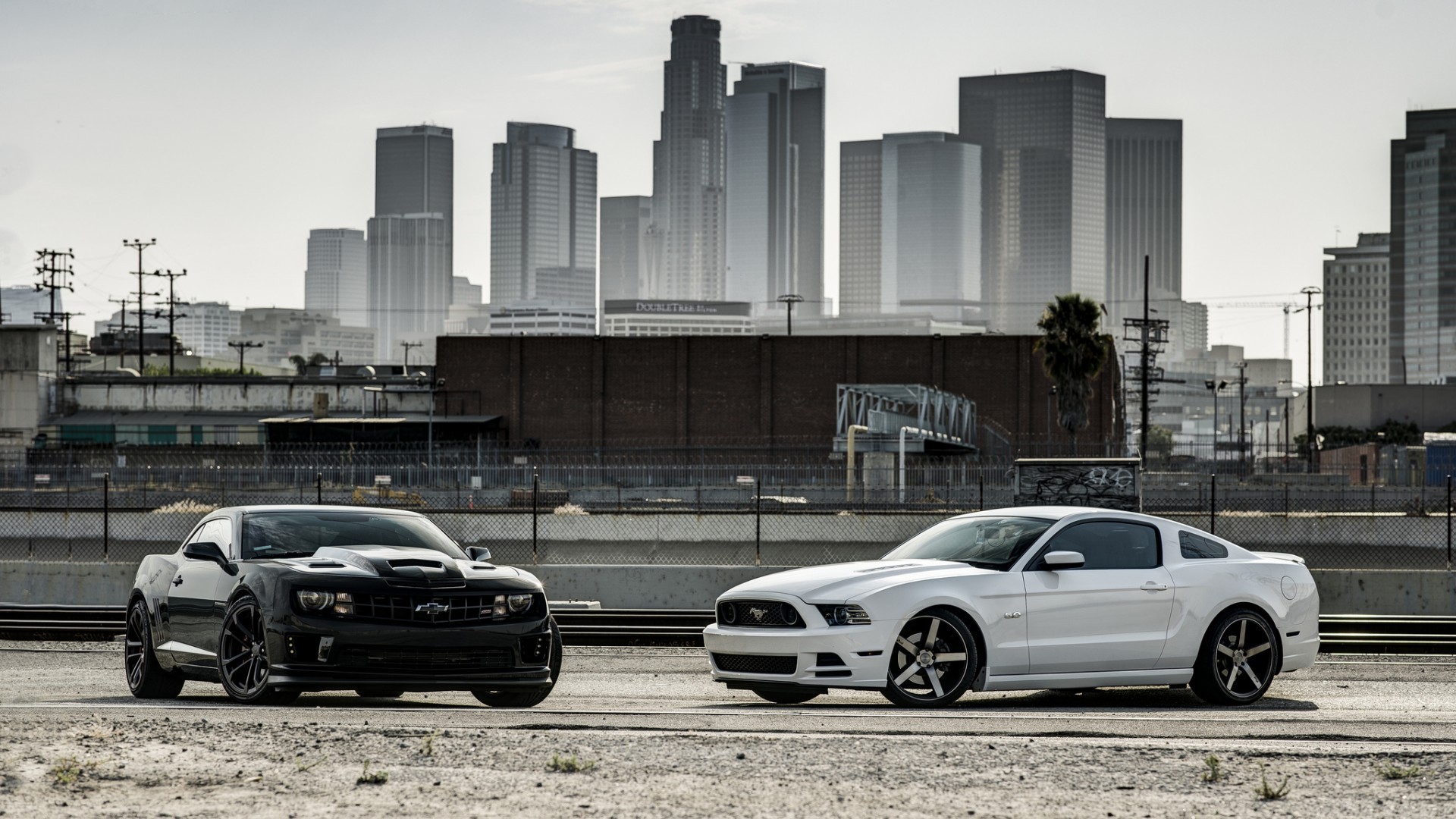 General 1920x1080 muscle cars Chevrolet city Ford Mustang Ford black cars white cars cityscape urban car vehicle Ford Mustang S-197 II American cars
