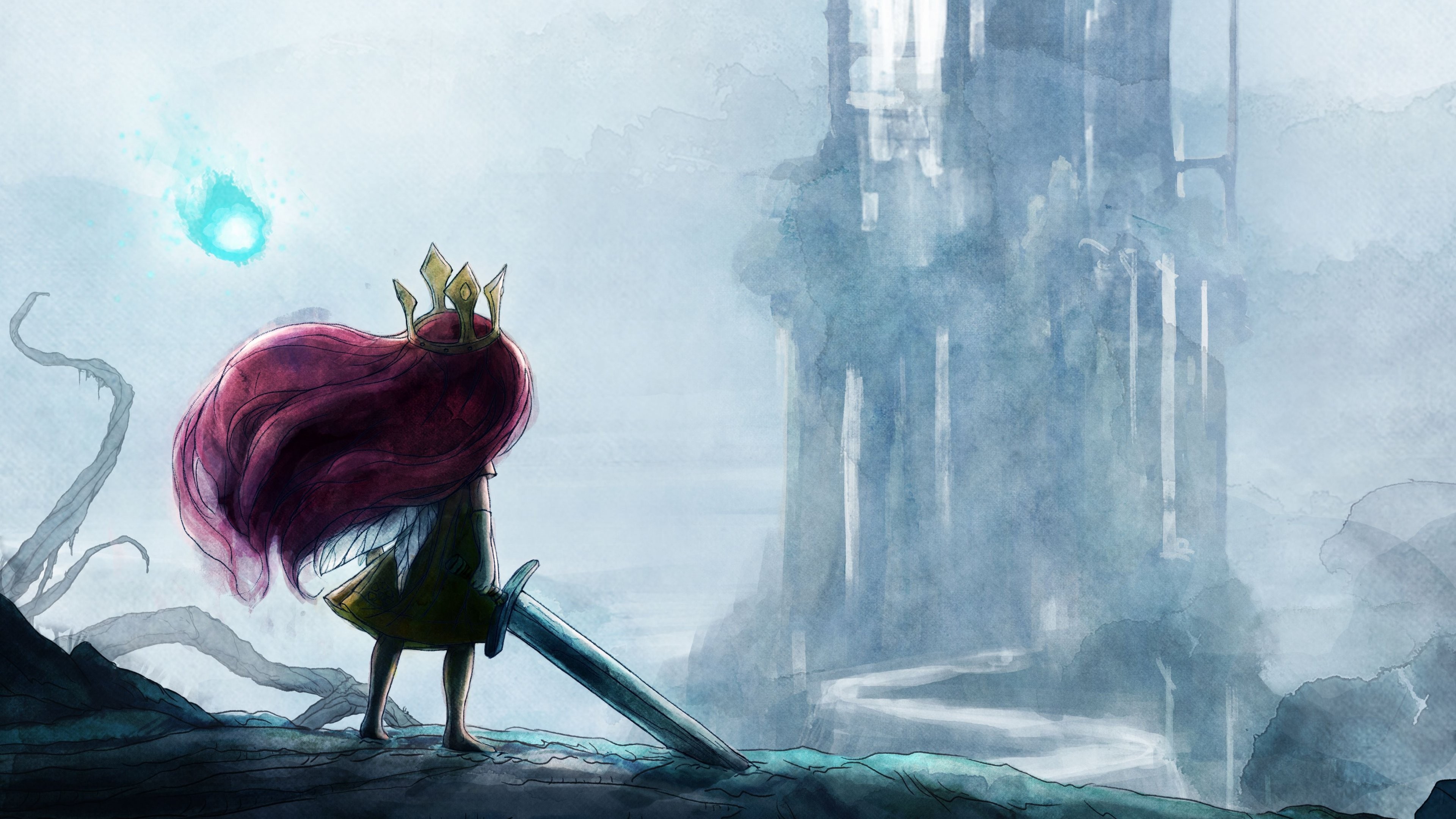 General 3840x2160 drawing sword aurorae Child of Light video game girls women with swords weapon crown fantasy art castle fantasy girl video game art