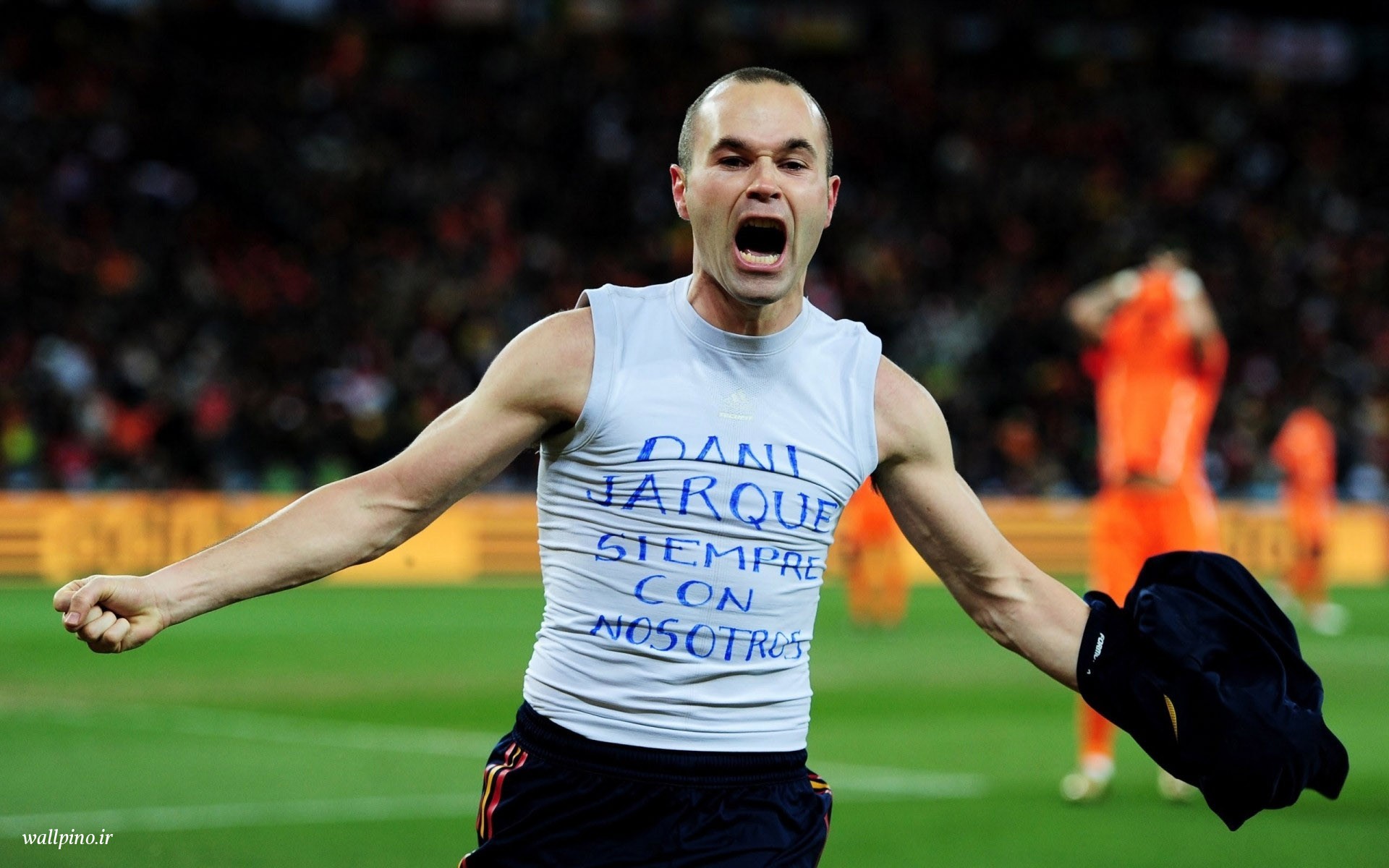 People 1920x1200 footballers men happiness stadium soccer sport open mouth watermarked Andres Iniesta FC Barcelona