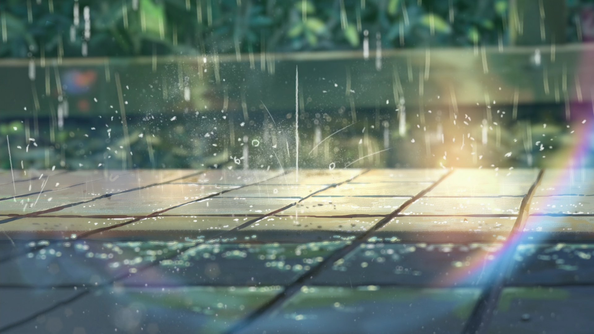 Anime 1920x1080 The Garden of Words summer sunlight rainbows rain pavements