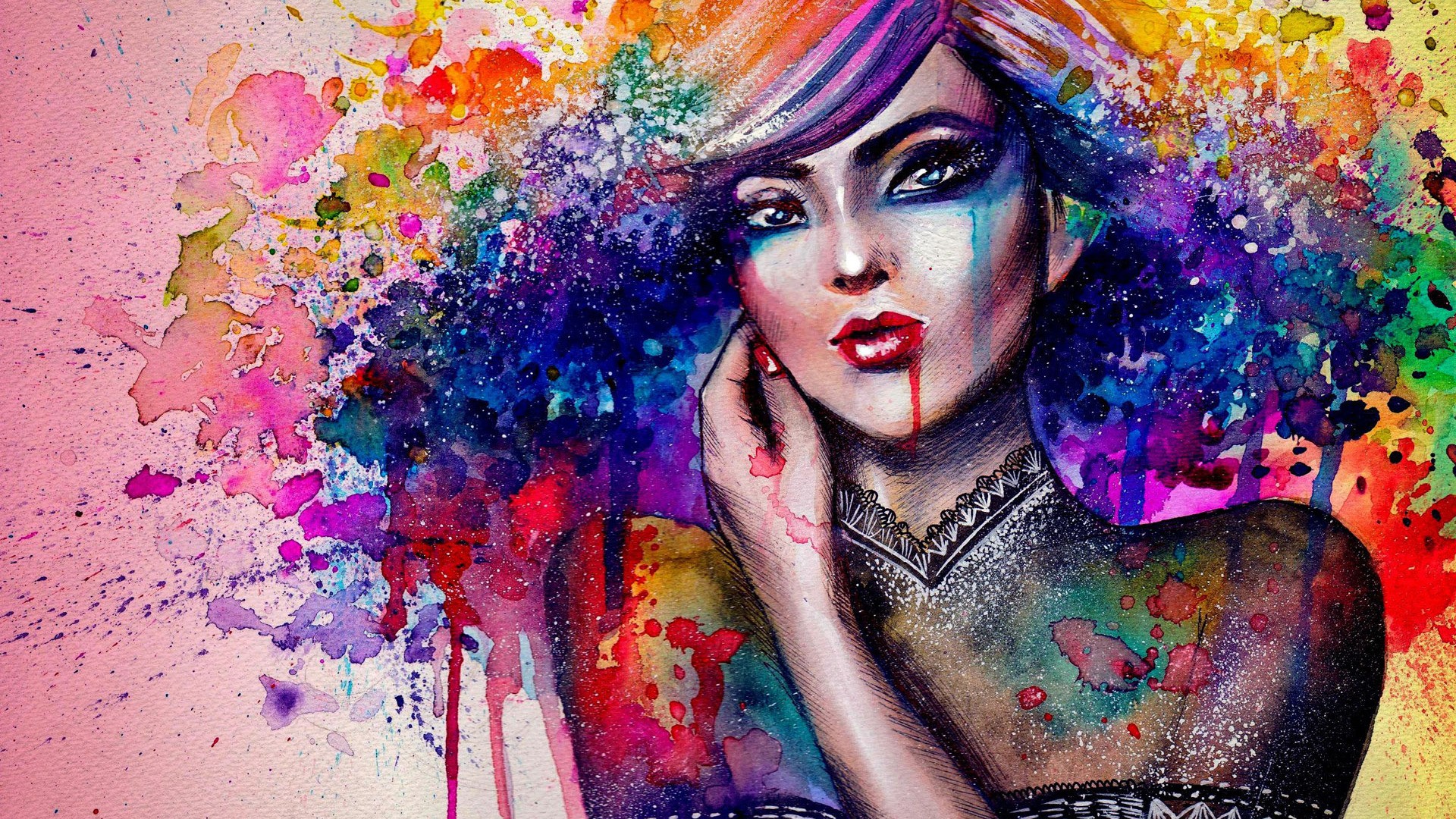 General 1920x1080 women colorful artwork painting red lipstick looking at viewer