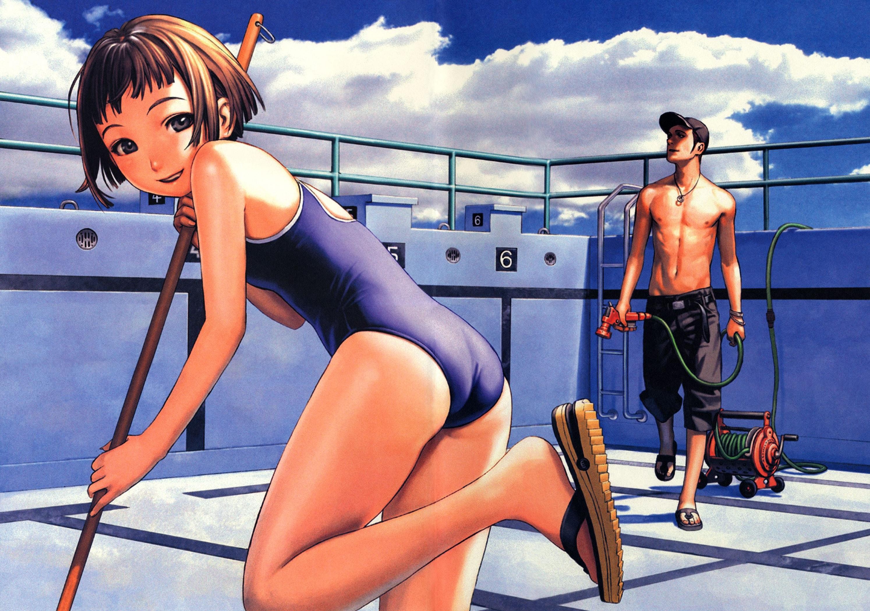 Anime 2988x2100 Murata Range swimwear original characters ass anime girls anime one-piece swimsuit anime boys looking at viewer