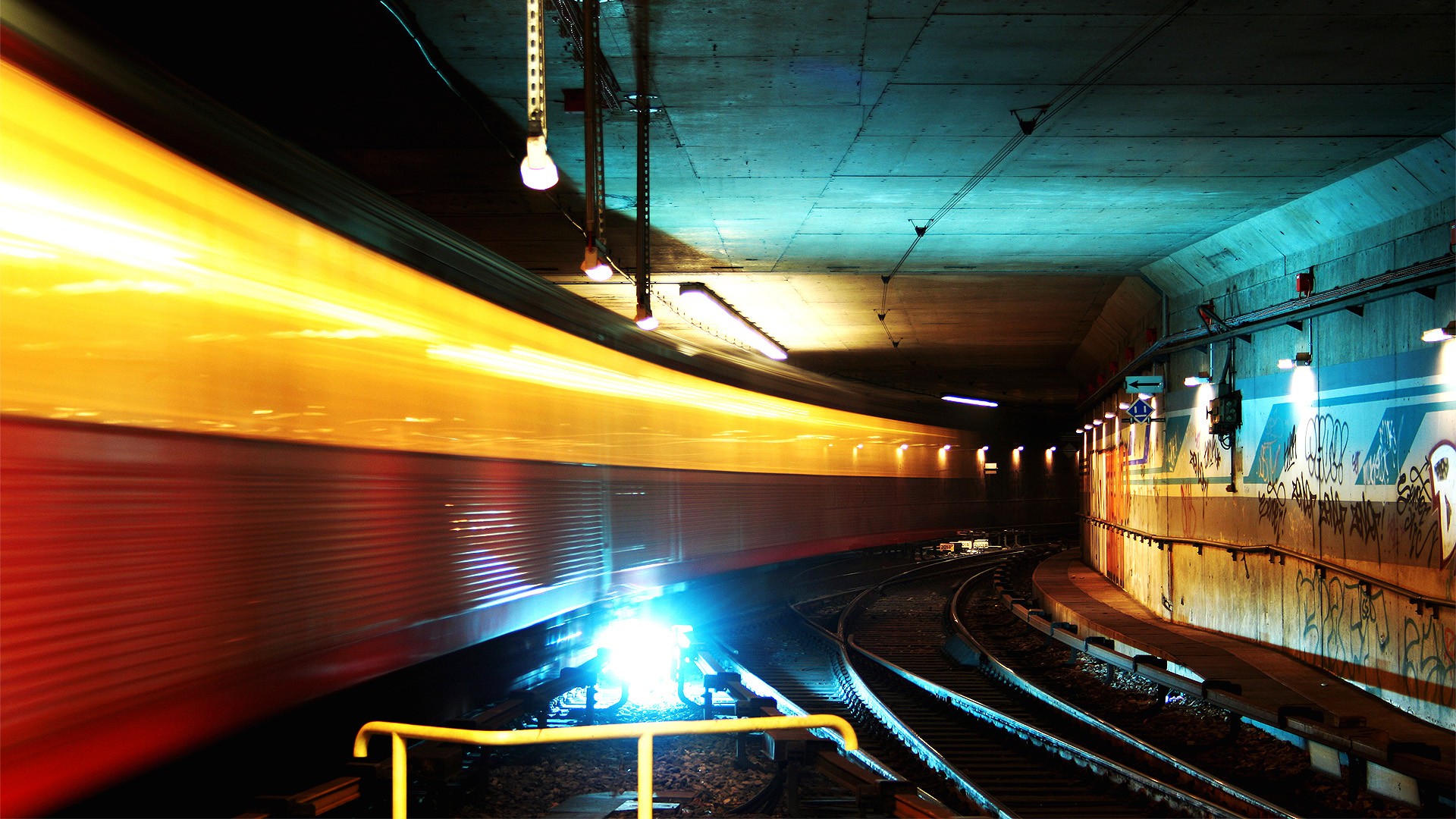 General 1920x1080 subway urban tunnel underground colorful lights long exposure cyan yellow