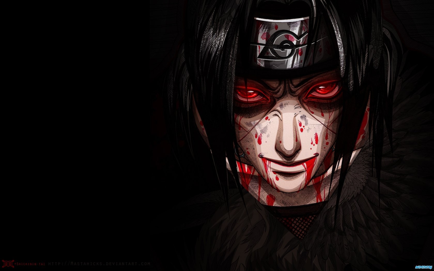 Anime 1680x1050 Uchiha Itachi red eyes blood anime face black background glowing eyes