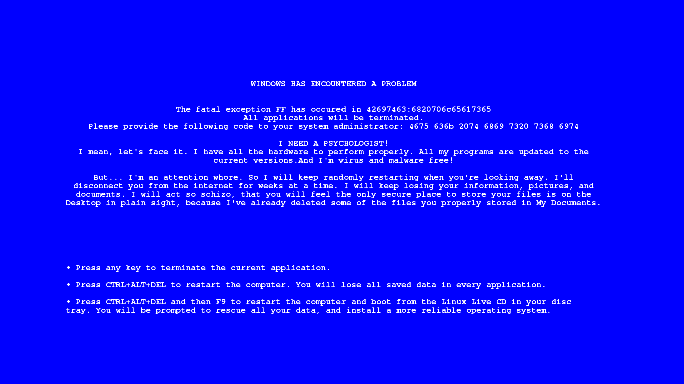 General 1366x768 Microsoft Windows Blue Screen of Death errors Windows Errors blue background text computer operating system