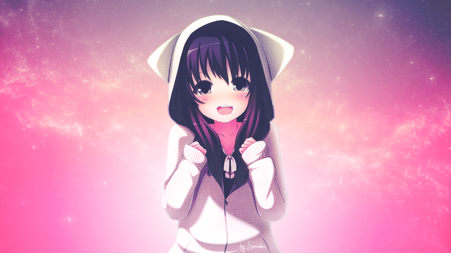 Anime 1920x1080 anime anime girls pink background purple hair dark eyes open mouth looking at viewer hoods
