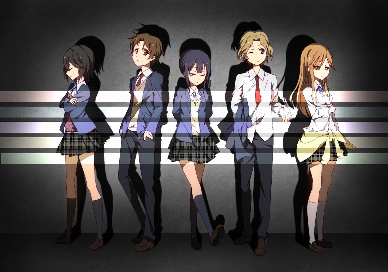 Anime 1280x896 anime girls anime boys Kokoro Connect standing miniskirt