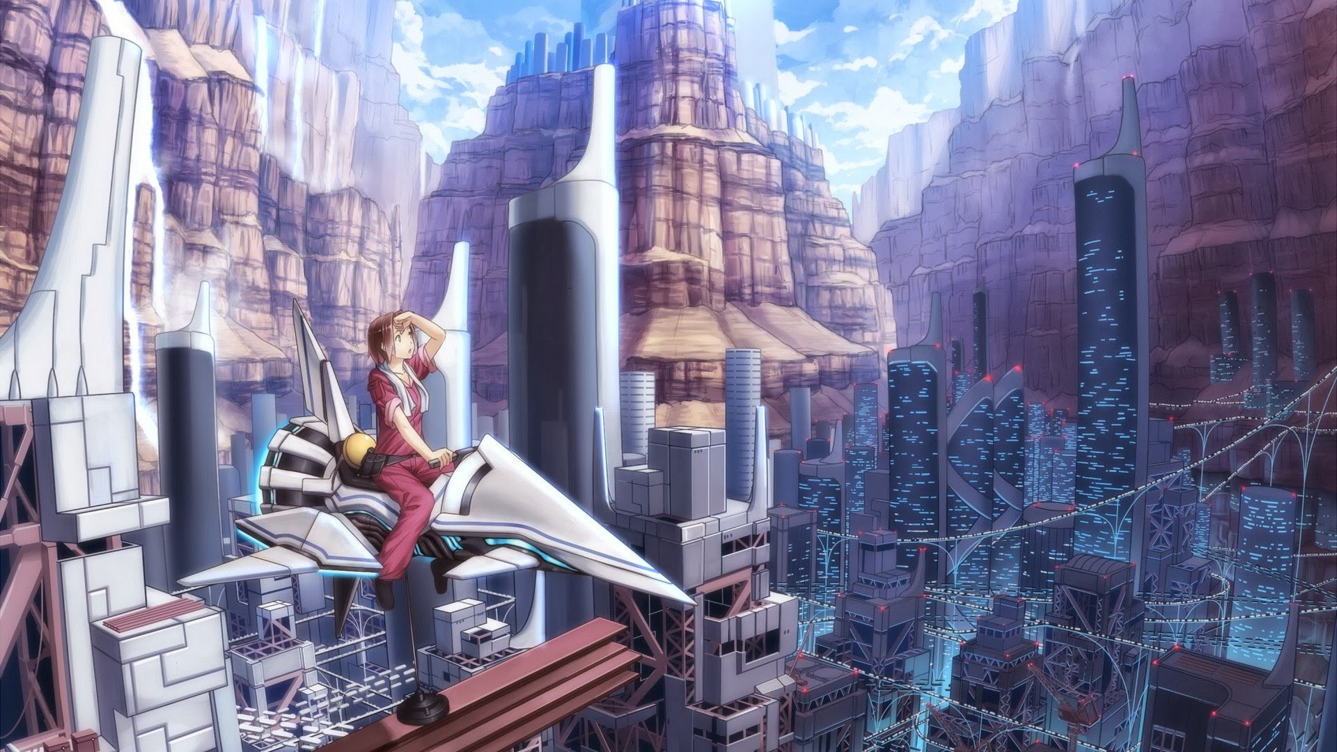 Anime 1920x1080 science fiction anime girls anime futuristic science fiction women digital art vehicle building sunlight towel looking up looking away open mouth sky clouds city skyscraper flying rolled sleeves collarbone waterfall water canyon