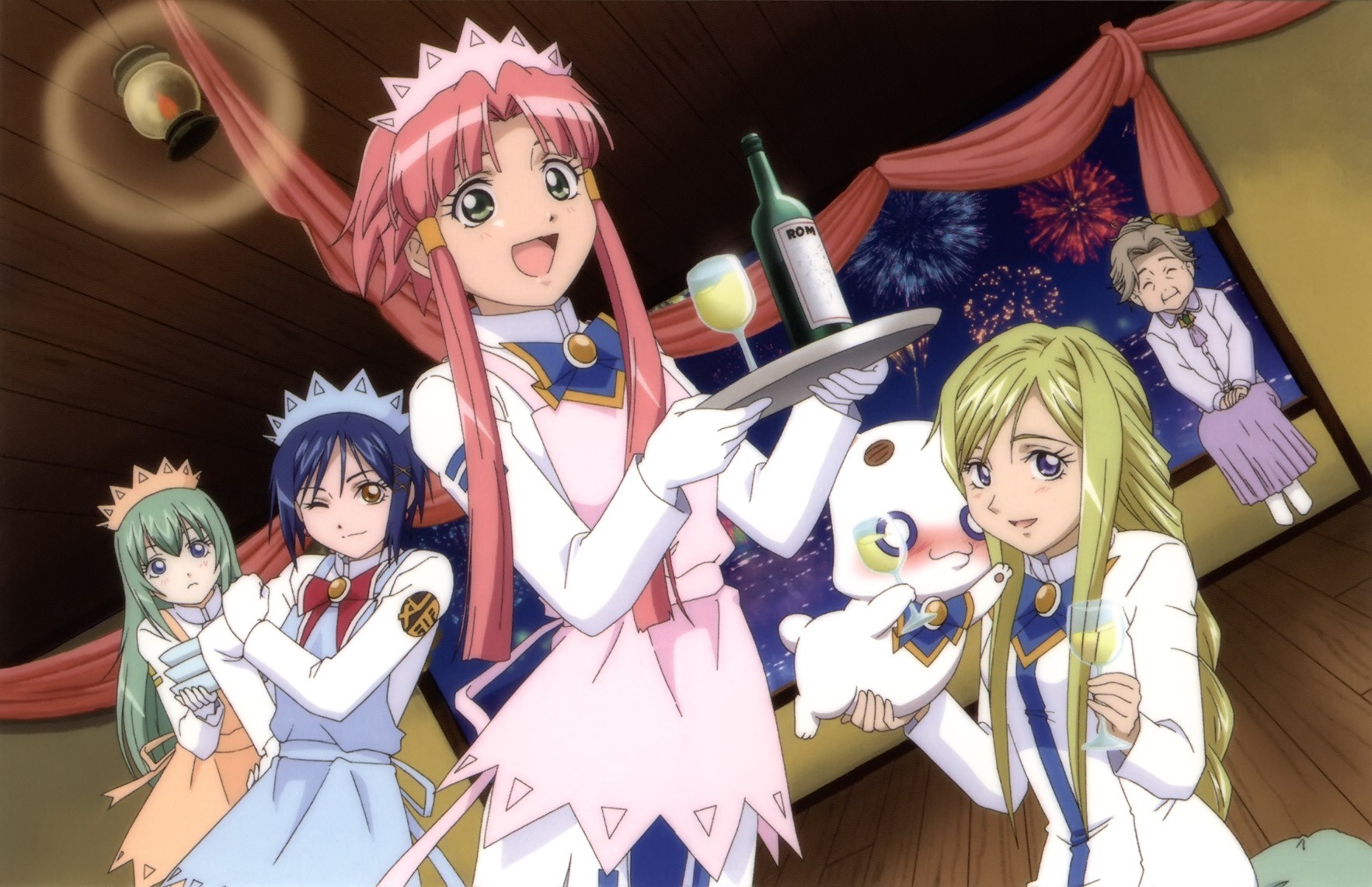 Anime 1766x1142 anime girls anime group of women green hair blue hair pink hair blonde bottles looking at viewer women indoors Aria the Origination