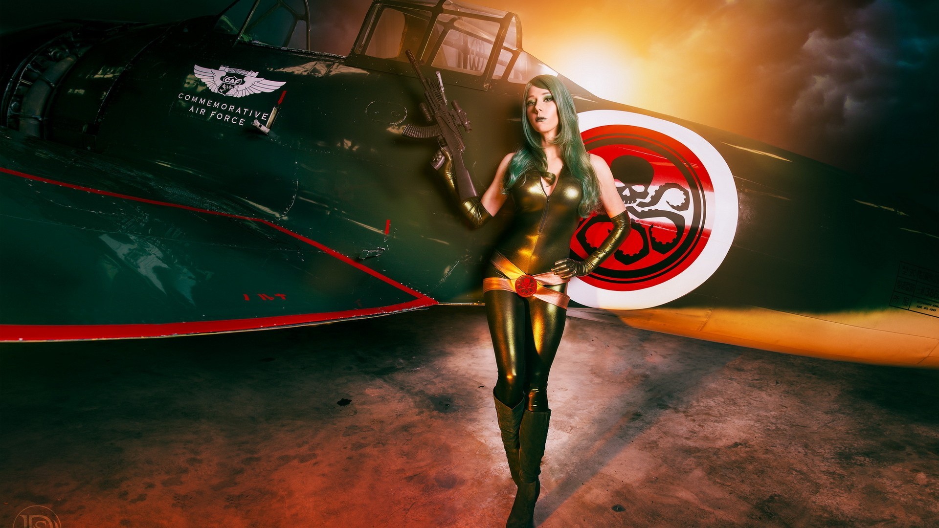 People 1920x1080 women cosplay model gun airplane tight clothing Hydra (comics) girls with guns aircraft military aircraft military vehicle vehicle military green hair weapon latex hands on hips