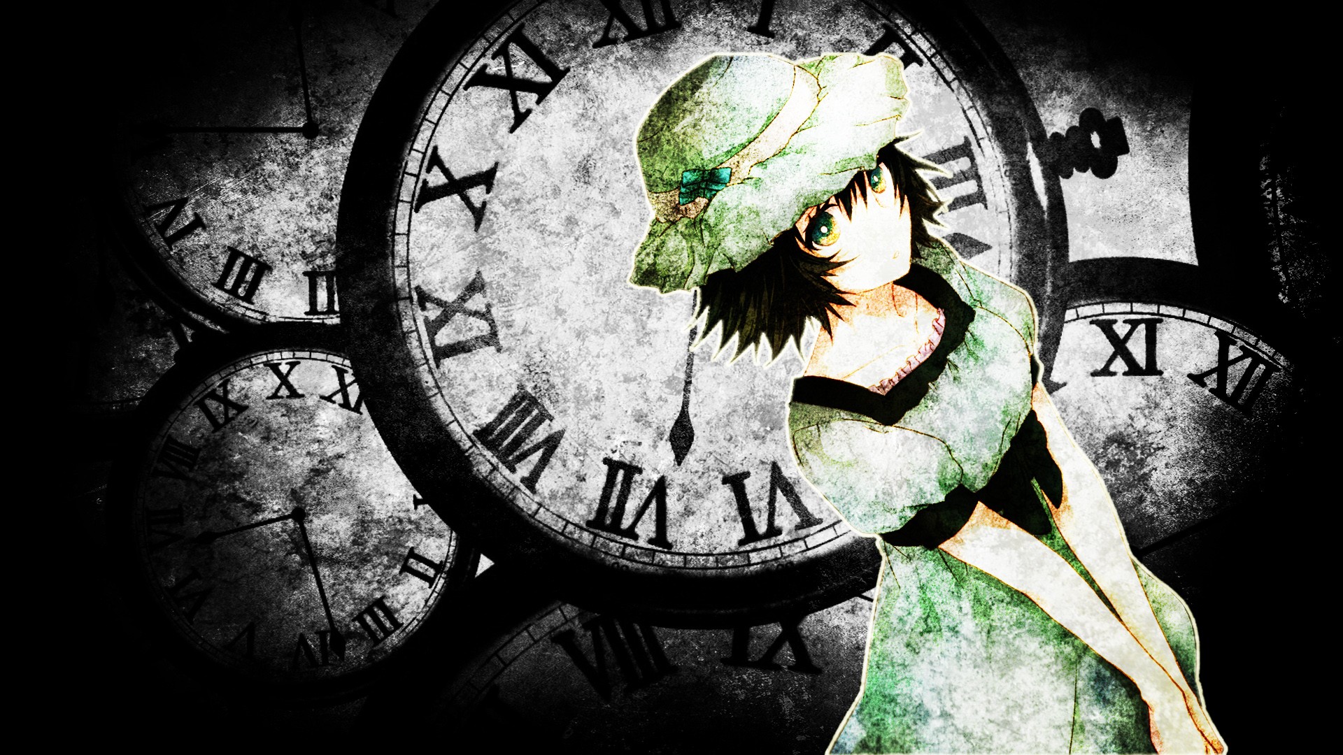 Anime 1920x1080 Steins;Gate Shiina Mayuri anime girls anime clocks dark hair hat women with hats dress green dress