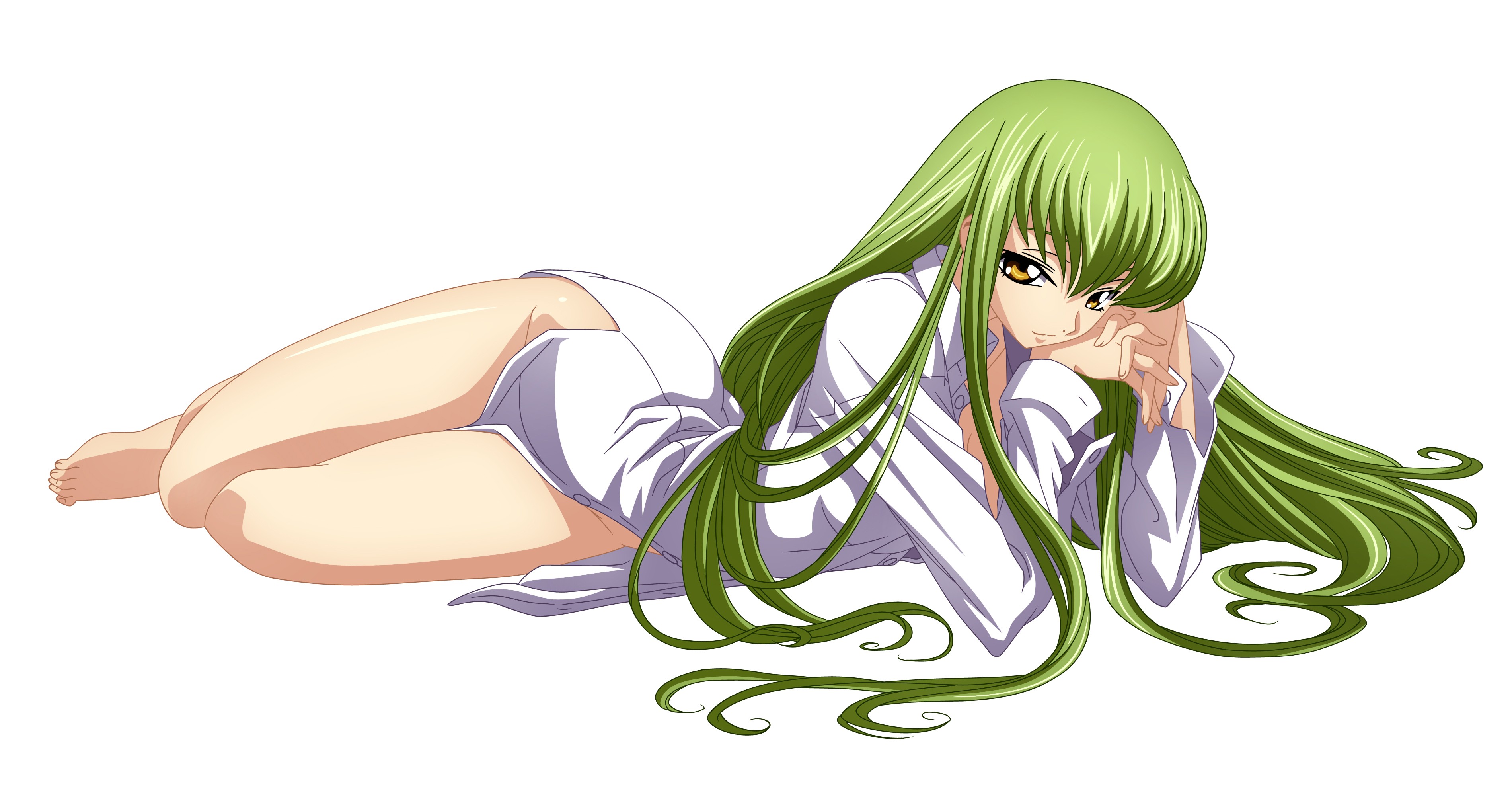 Anime 3800x2000 Code Geass anime anime girls C.C. (Code Geass) green hair yellow eyes legs legs together looking at viewer simple background white background barefoot