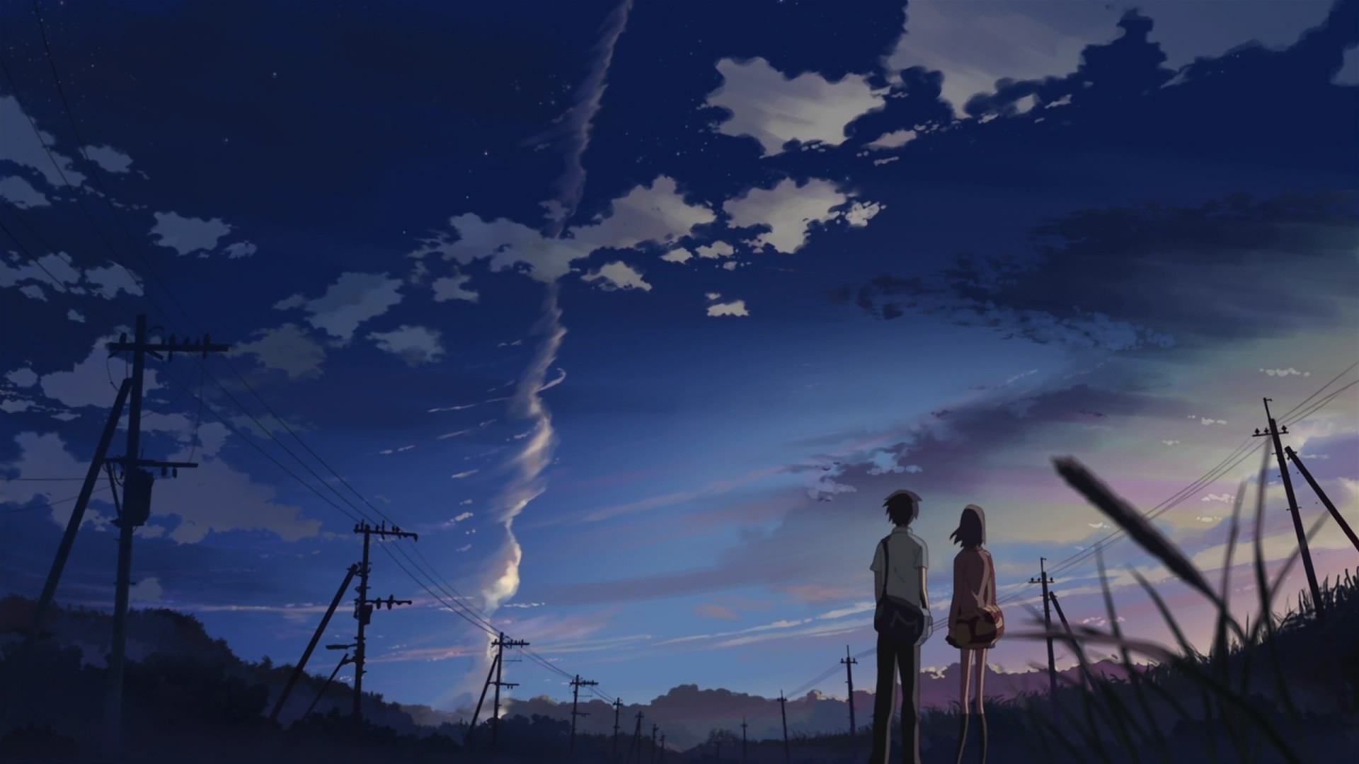 Anime 1920x1080 5 Centimeters Per Second anime artwork Makoto Shinkai  power lines utility pole sky low-angle anime girls anime boys outdoors