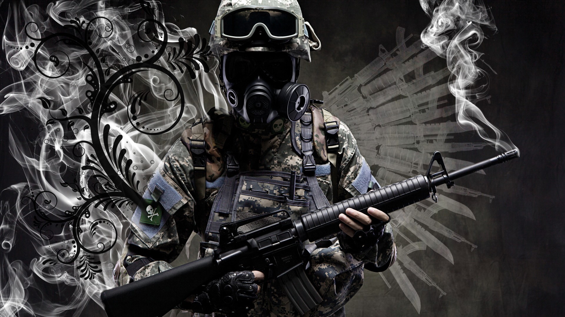 General 1920x1080 gas masks soldier weapon assault rifle M16 American firearms digital art