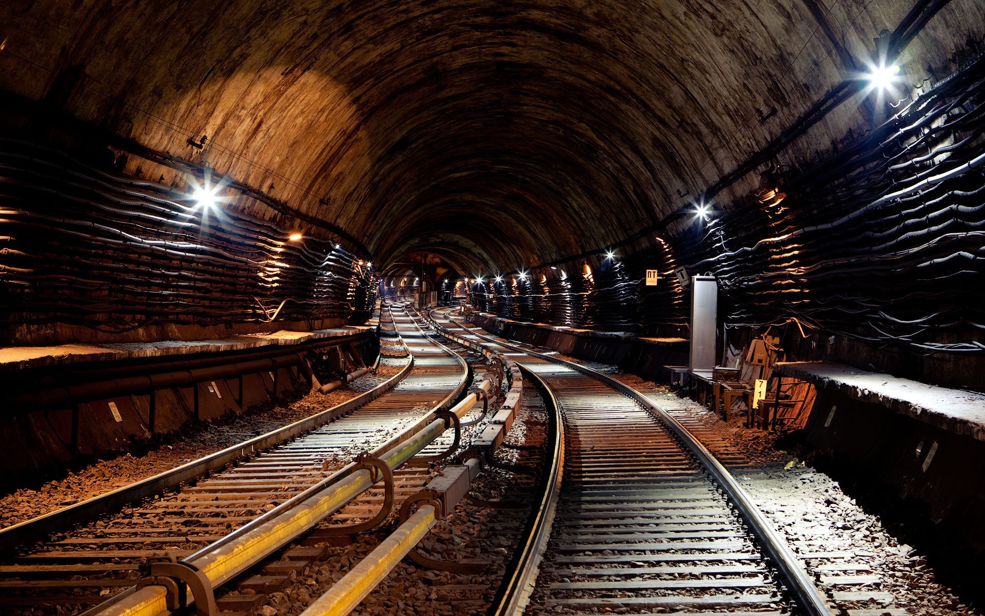 General 1920x1200 railway subway HDR tunnel gravel underground brown lights arch