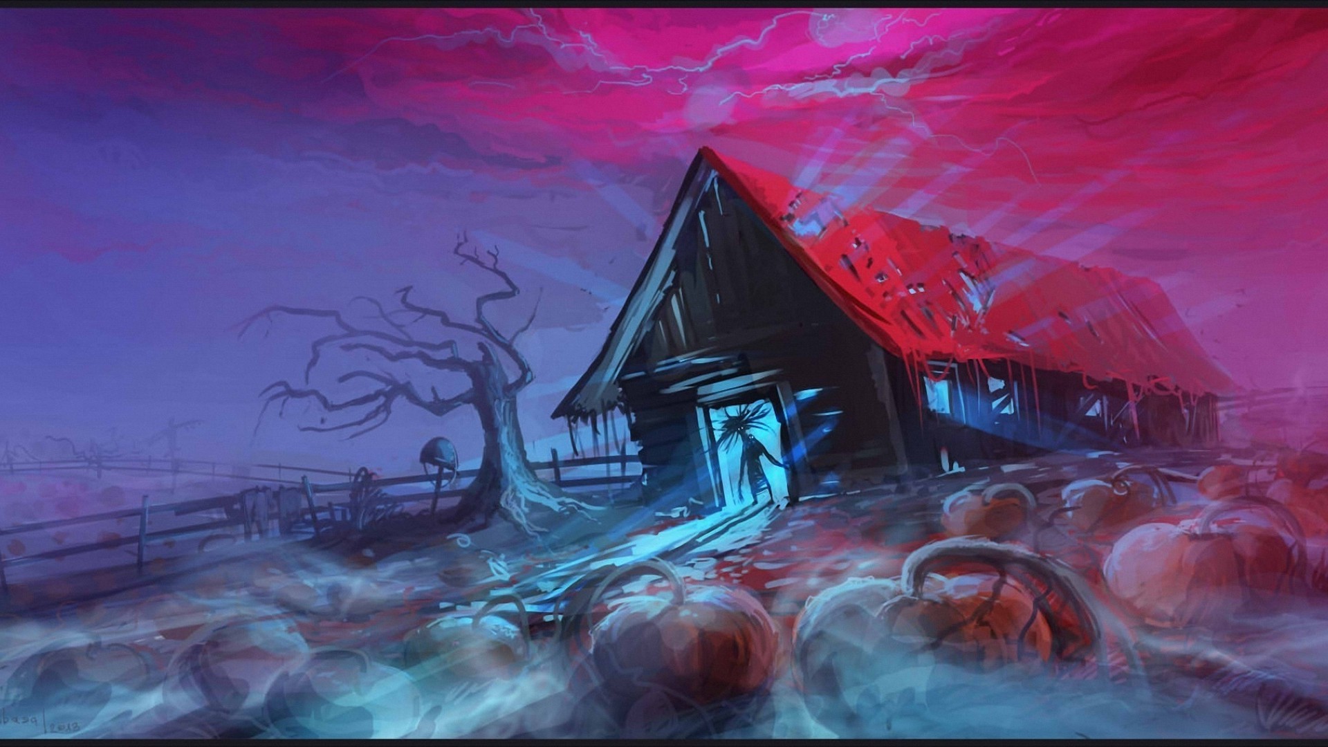 General 1920x1080 fantasy art spooky Halloween pumpkin barns blue red